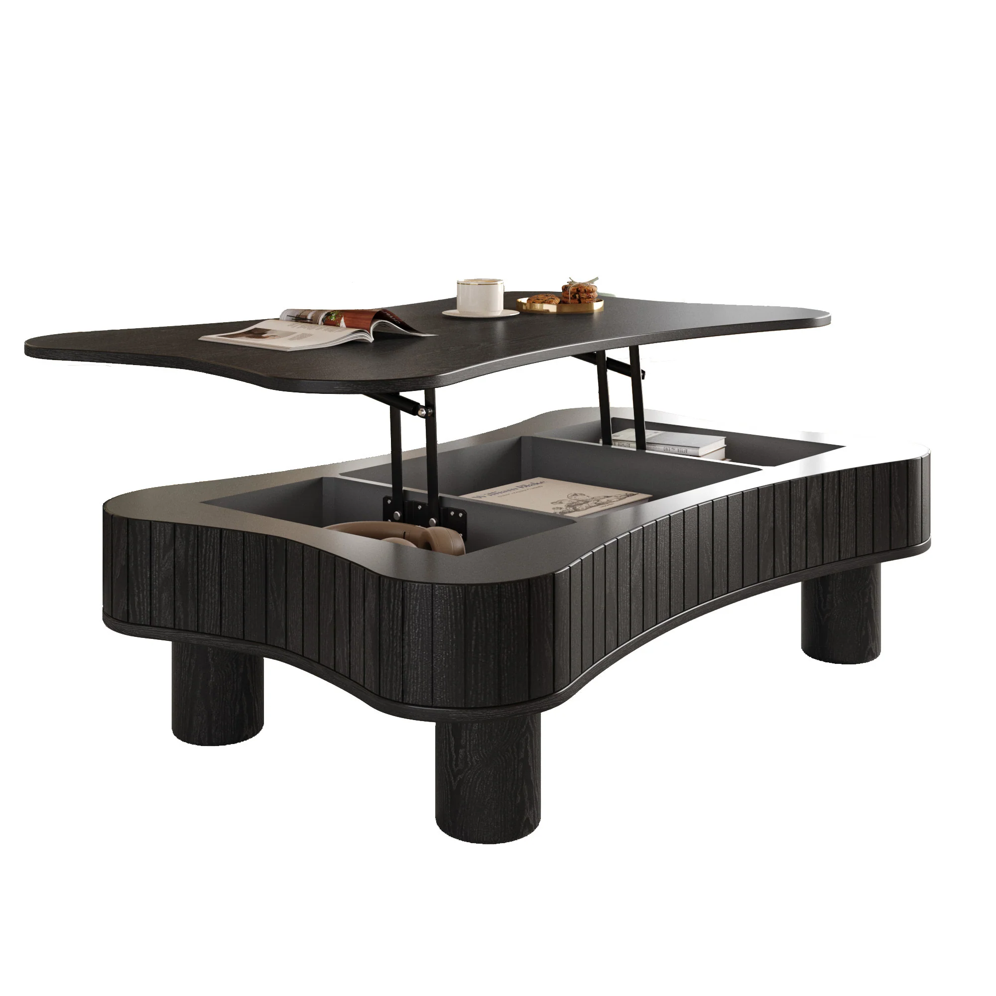 Walker Edison | Black Reeded Curve Design Lift Top Coffee Table and Desk - Image 14