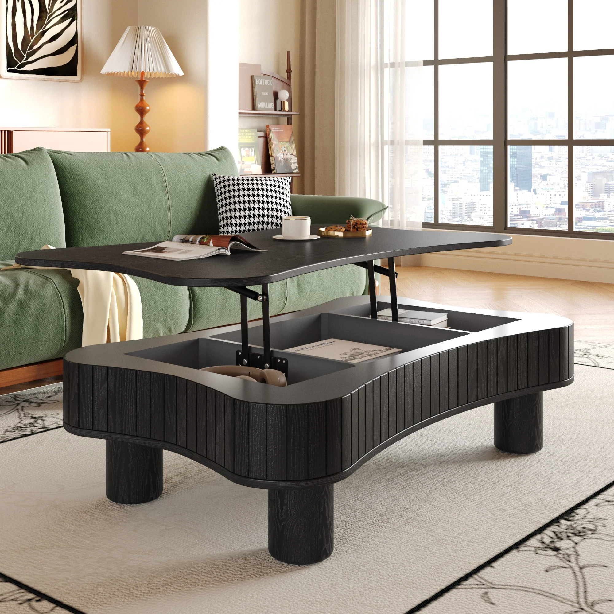 Walker Edison | Black Reeded Curve Design Lift Top Coffee Table and Desk - Image 2