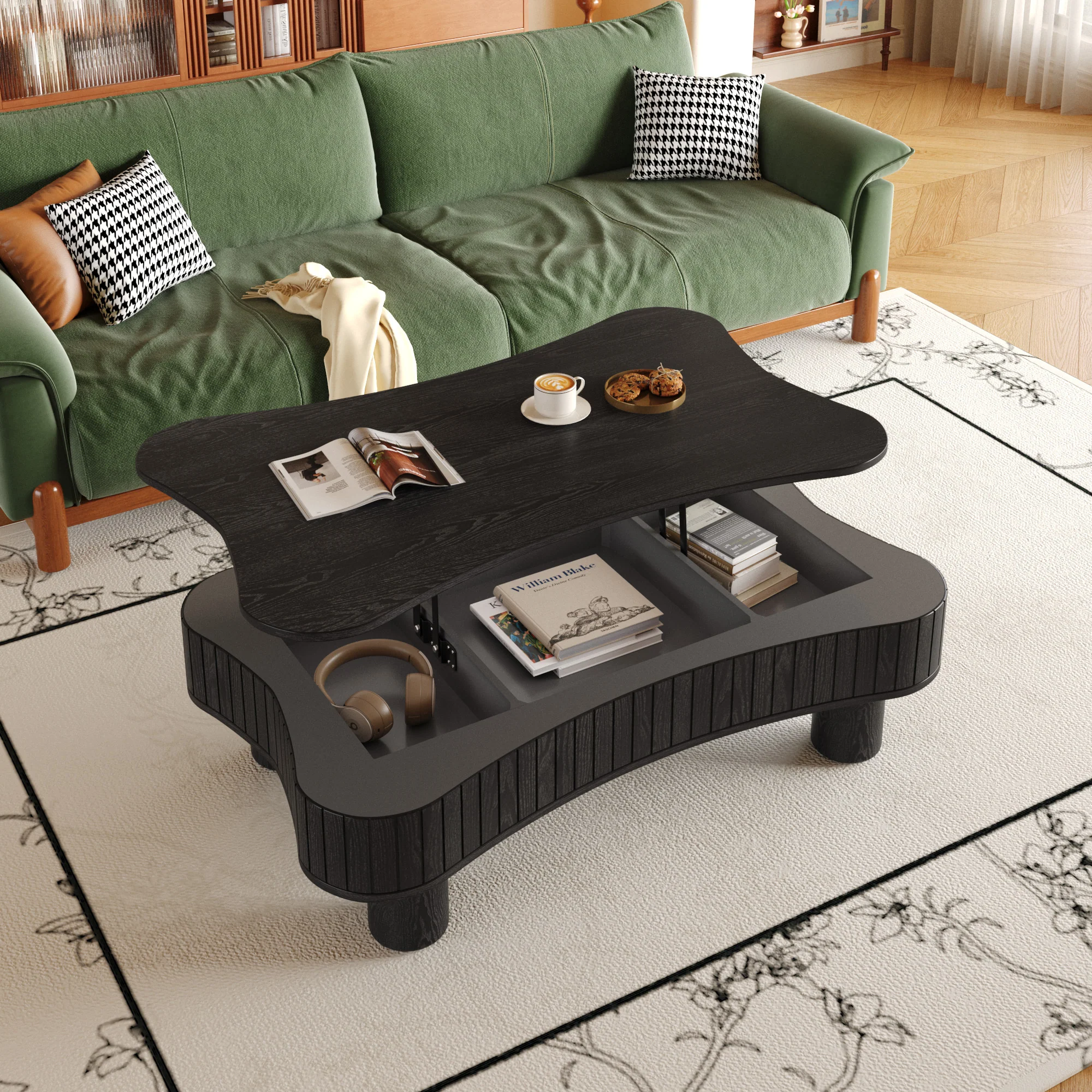 Walker Edison | Black Reeded Curve Design Lift Top Coffee Table and Desk - Image 6
