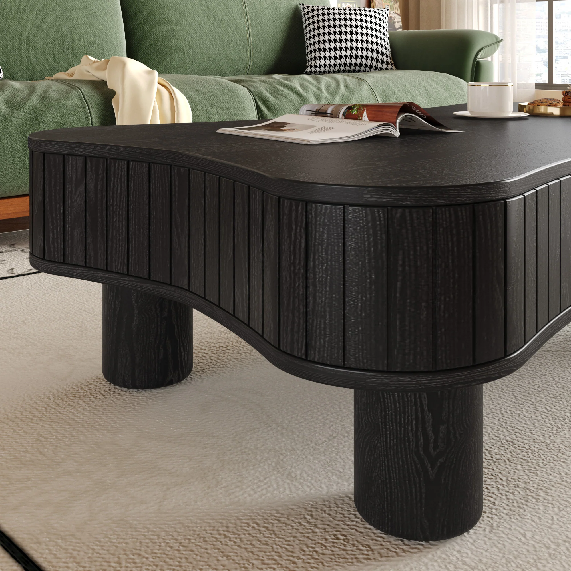 Walker Edison | Black Reeded Curve Design Lift Top Coffee Table and Desk - Image 7