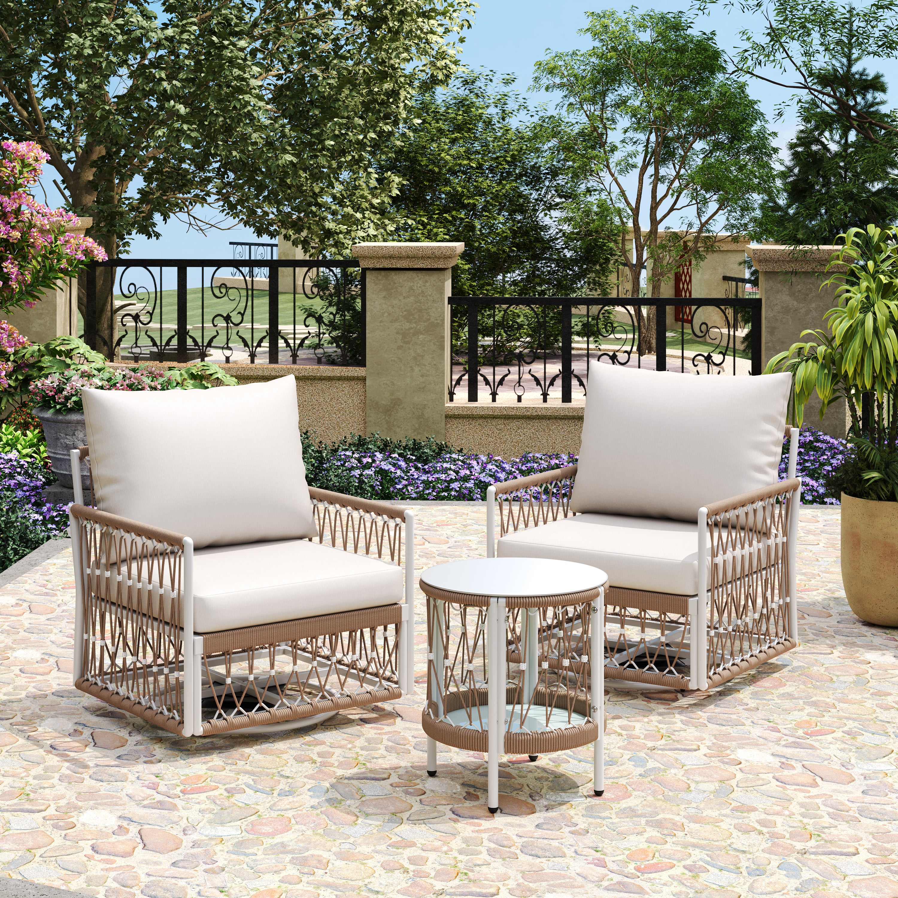 Bohemian Handwoven Rope 3-Piece Outdoor Patio Chat Set