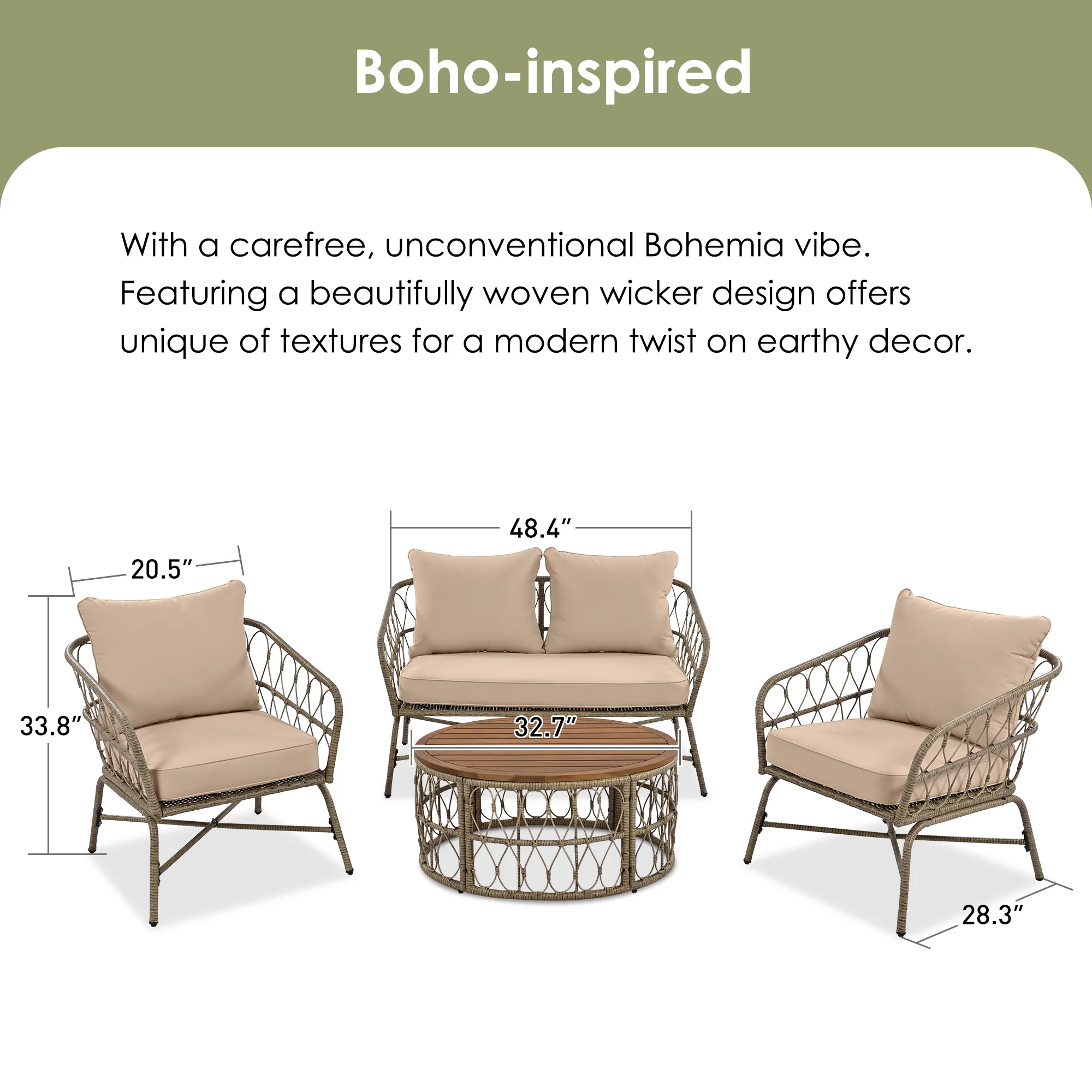 Walker Edison | Boho 4-Piece Outdoor Patio Sofa Set - Image 2