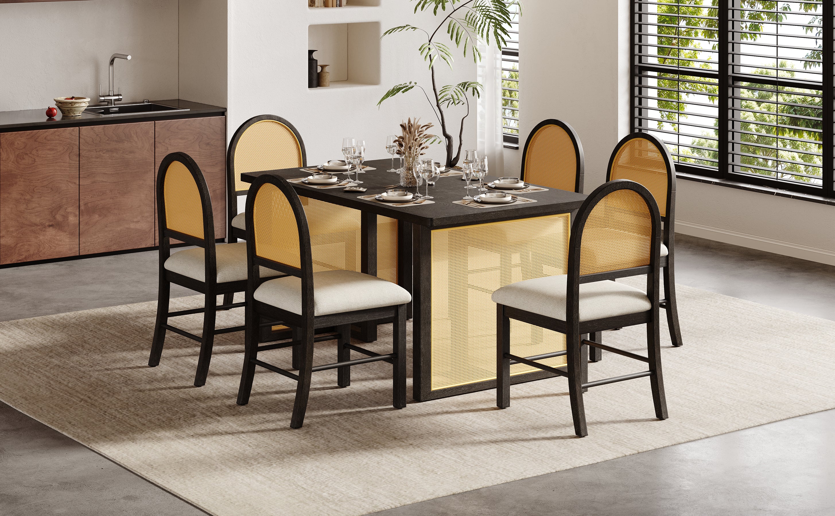 Boho Rattan 7-Piece Farmhouse Dining Table Set for 6 - Image 19