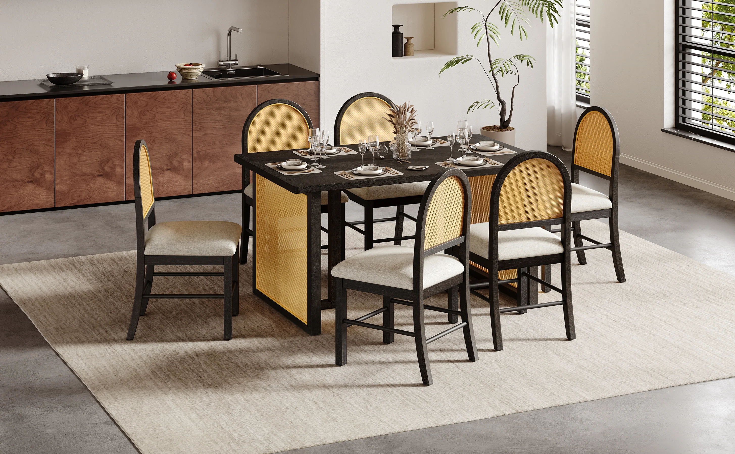 Boho Rattan 7-Piece Farmhouse Dining Table Set for 6 - Image 20