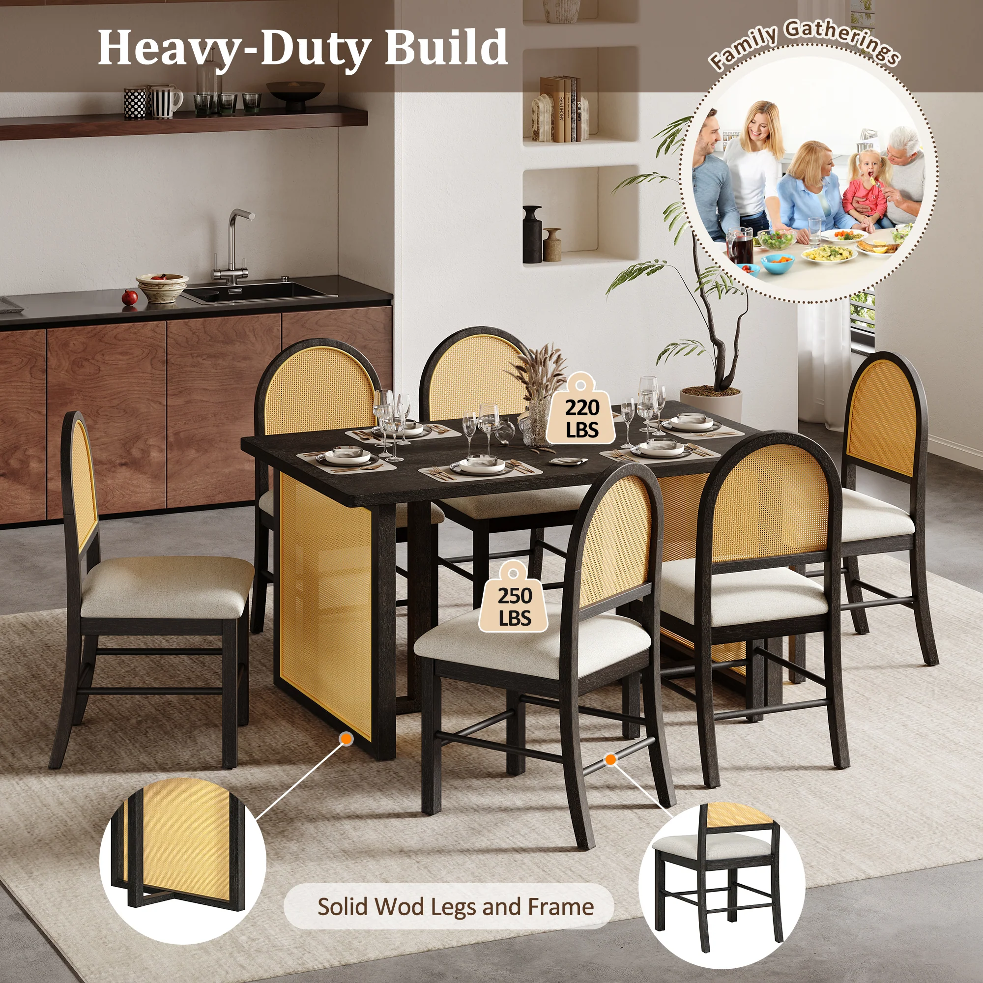 Boho Rattan 7-Piece Farmhouse Dining Table Set for 6 - Image 7