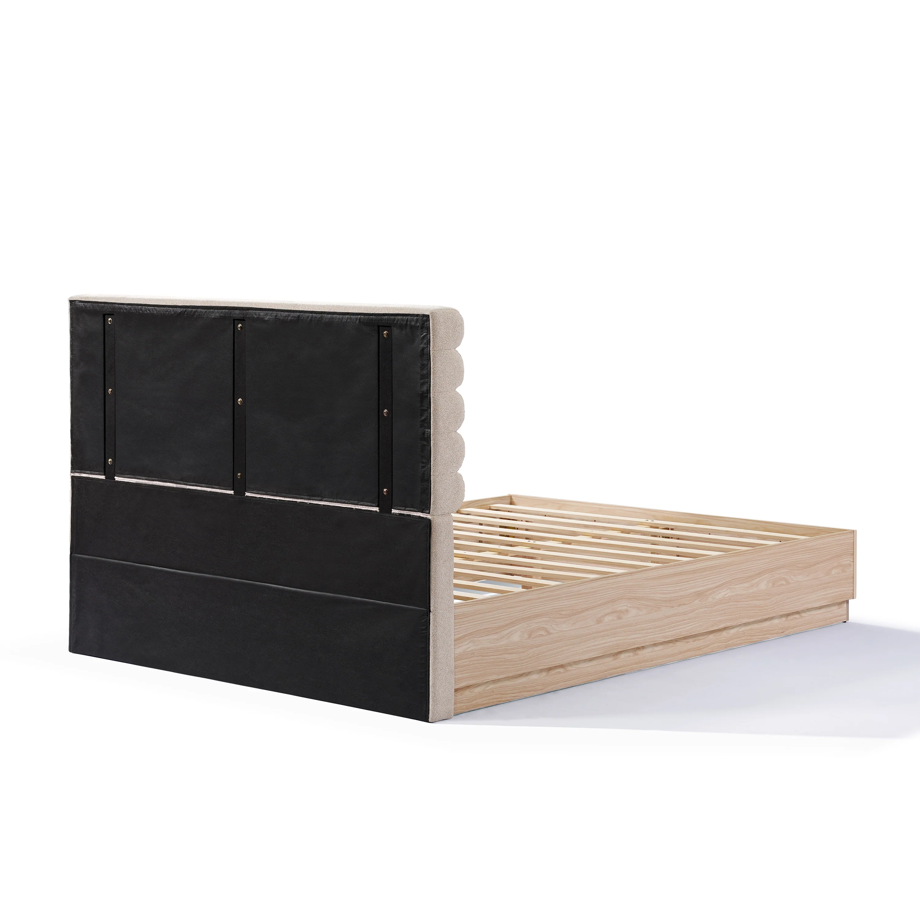 Boucle Fabric Upholstered Headboard Queen Wood Bedframe - Image 5