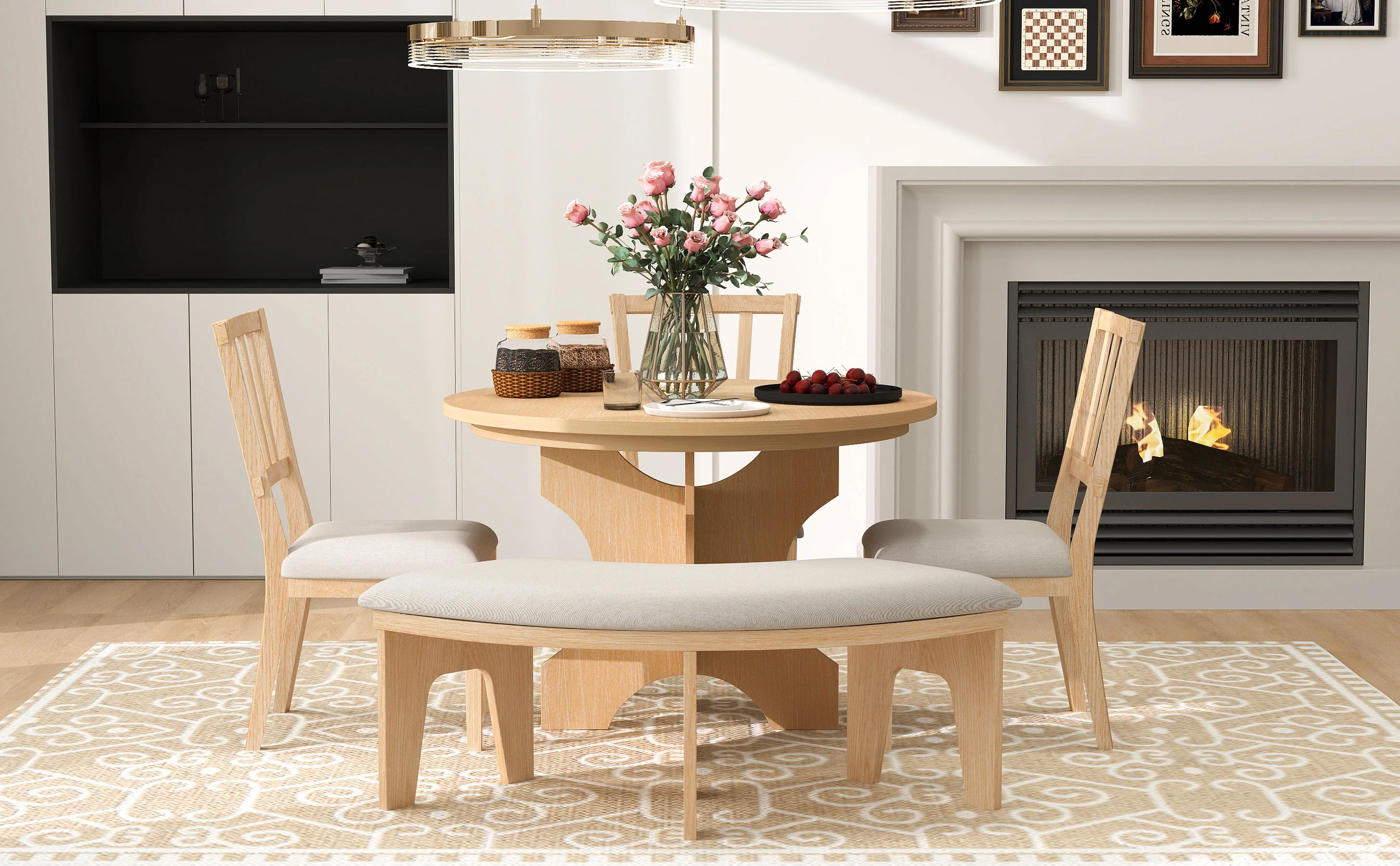 Walker Edison | Charming 5-Piece Rustic Round Dining Set with Chairs and Curved Bench - Image 19
