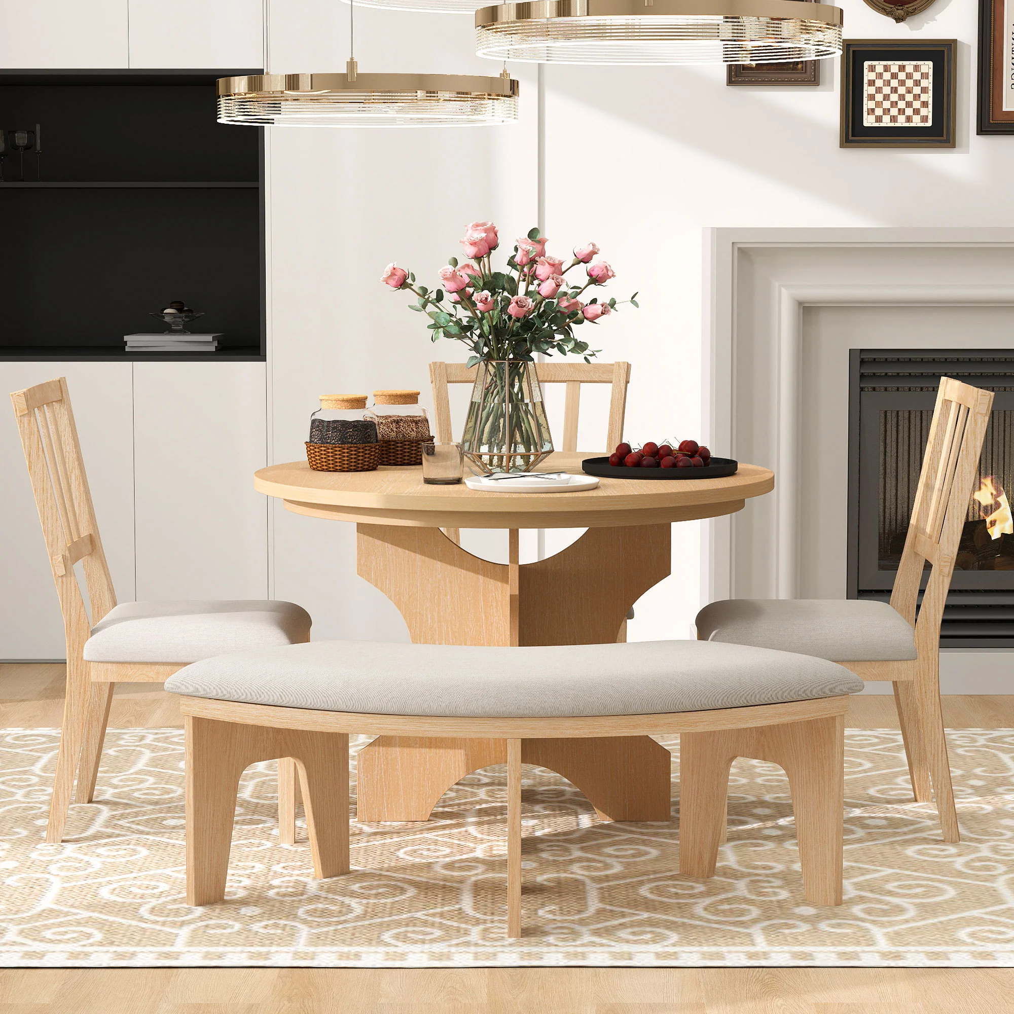 Walker Edison | Charming 5-Piece Rustic Round Dining Set with Chairs and Curved Bench - Image 2