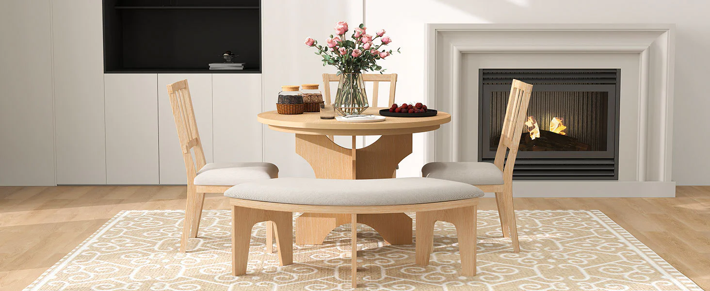 Walker Edison | Charming 5-Piece Rustic Round Dining Set with Chairs and Curved Bench - Image 20