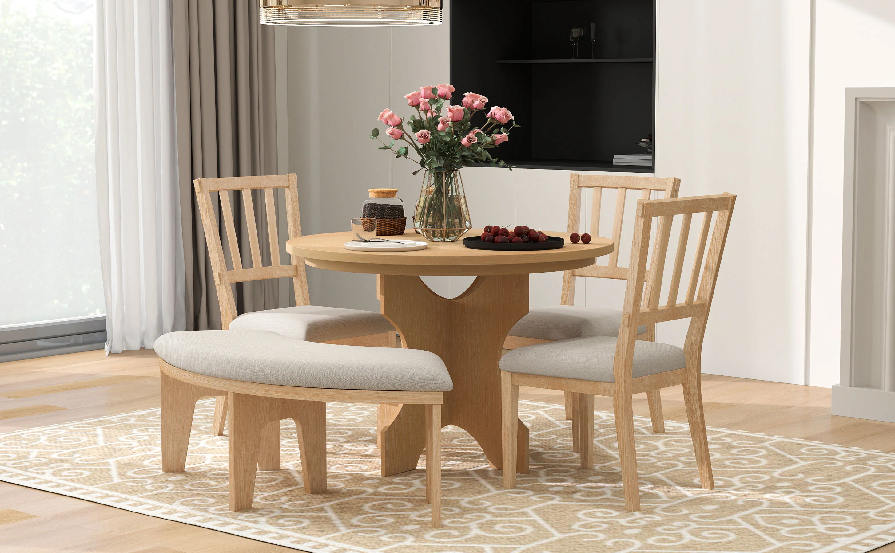Walker Edison | Charming 5-Piece Rustic Round Dining Set with Chairs and Curved Bench - Image 21
