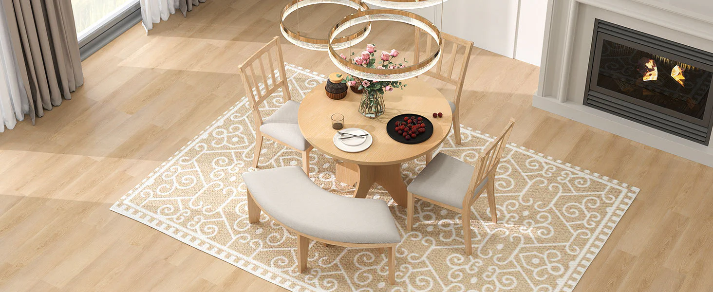 Walker Edison | Charming 5-Piece Rustic Round Dining Set with Chairs and Curved Bench - Image 22