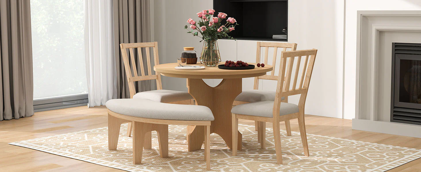 Walker Edison | Charming 5-Piece Rustic Round Dining Set with Chairs and Curved Bench - Image 23