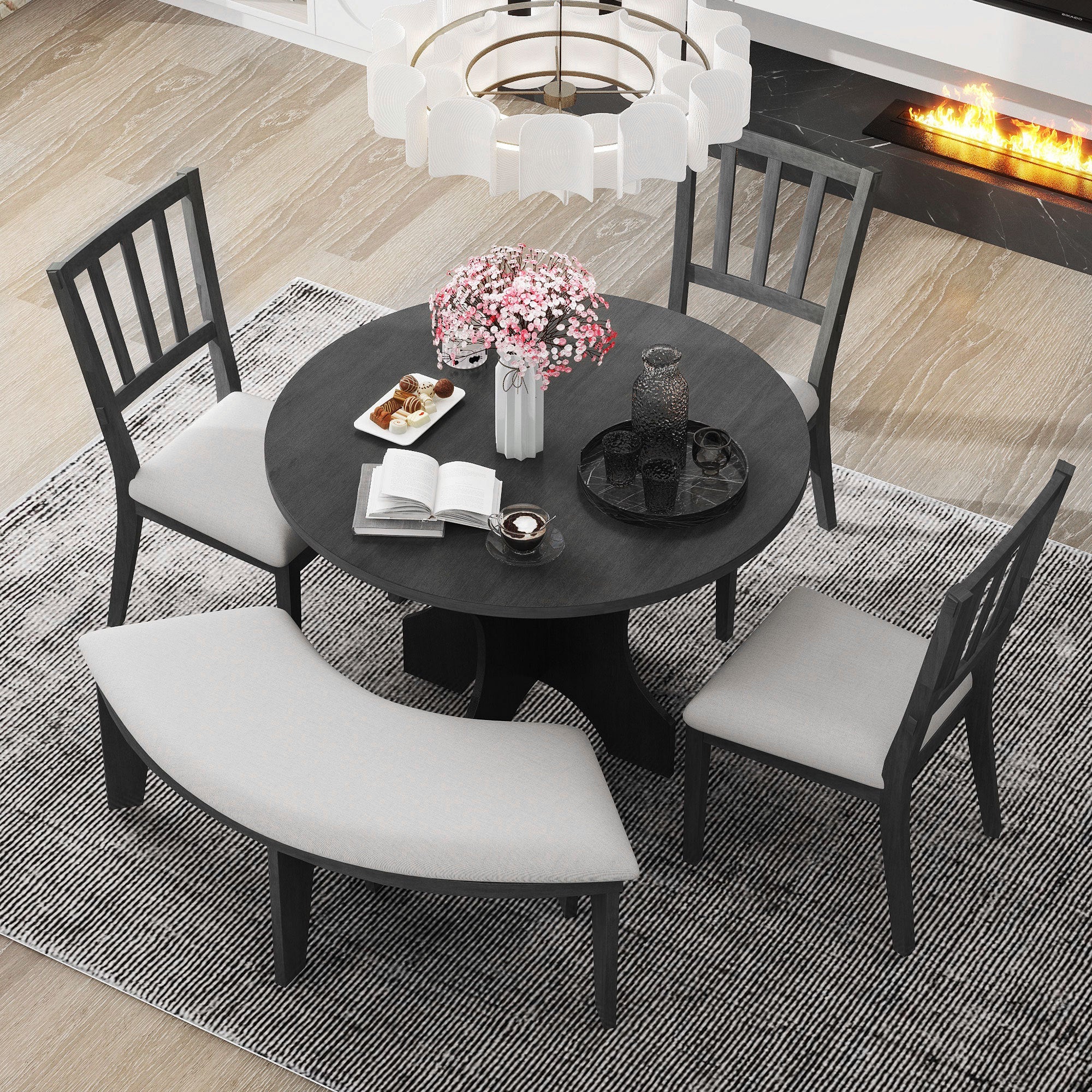Walker Edison | Charming 5-Piece Rustic Round Dining Set with Chairs and Curved Bench - Image 29
