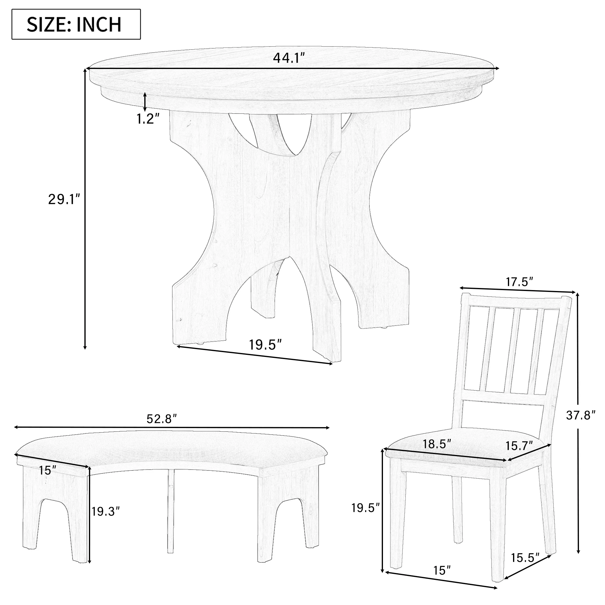 Walker Edison | Charming 5-Piece Rustic Round Dining Set with Chairs and Curved Bench - Image 3