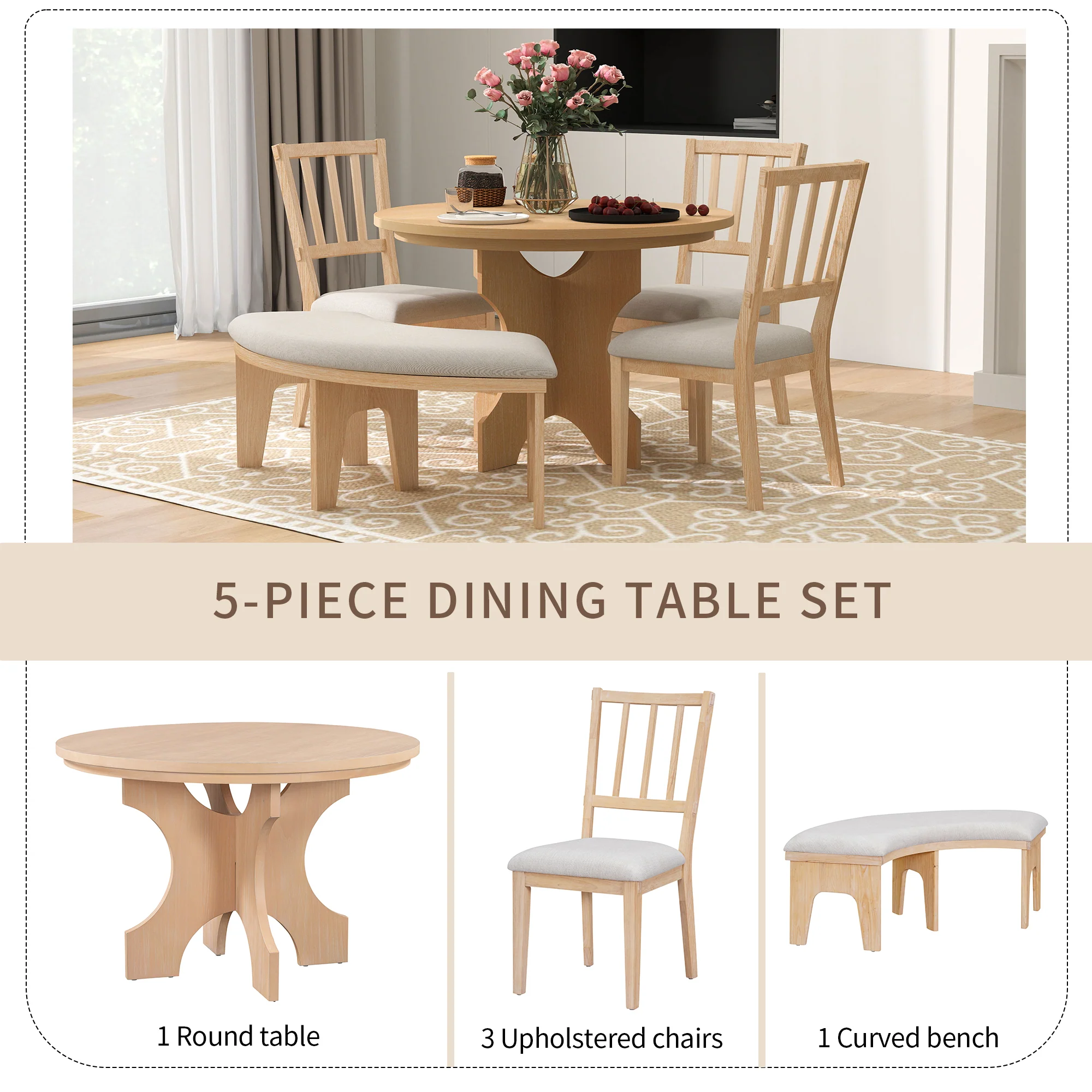 Walker Edison | Charming 5-Piece Rustic Round Dining Set with Chairs and Curved Bench - Image 4