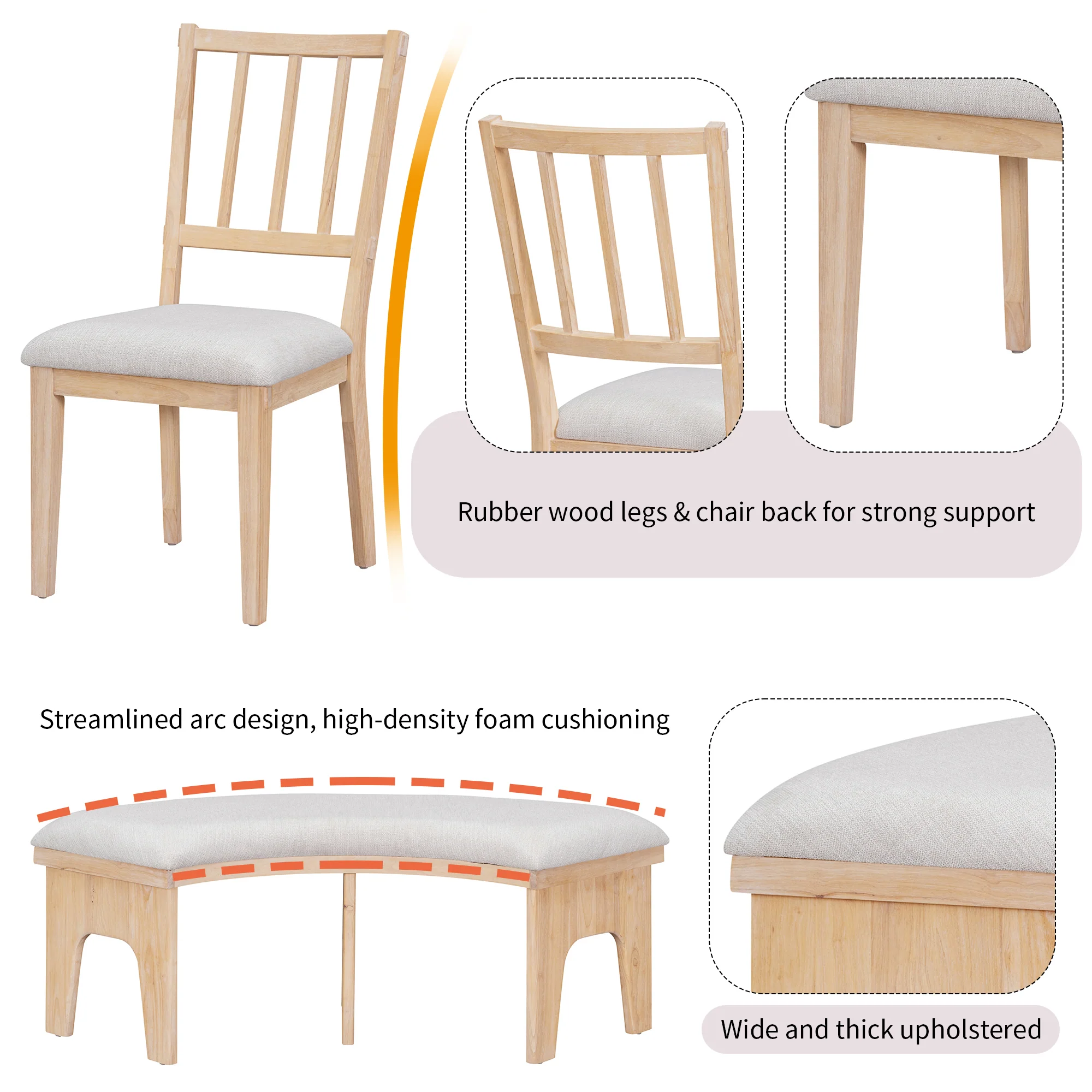 Walker Edison | Charming 5-Piece Rustic Round Dining Set with Chairs and Curved Bench - Image 7