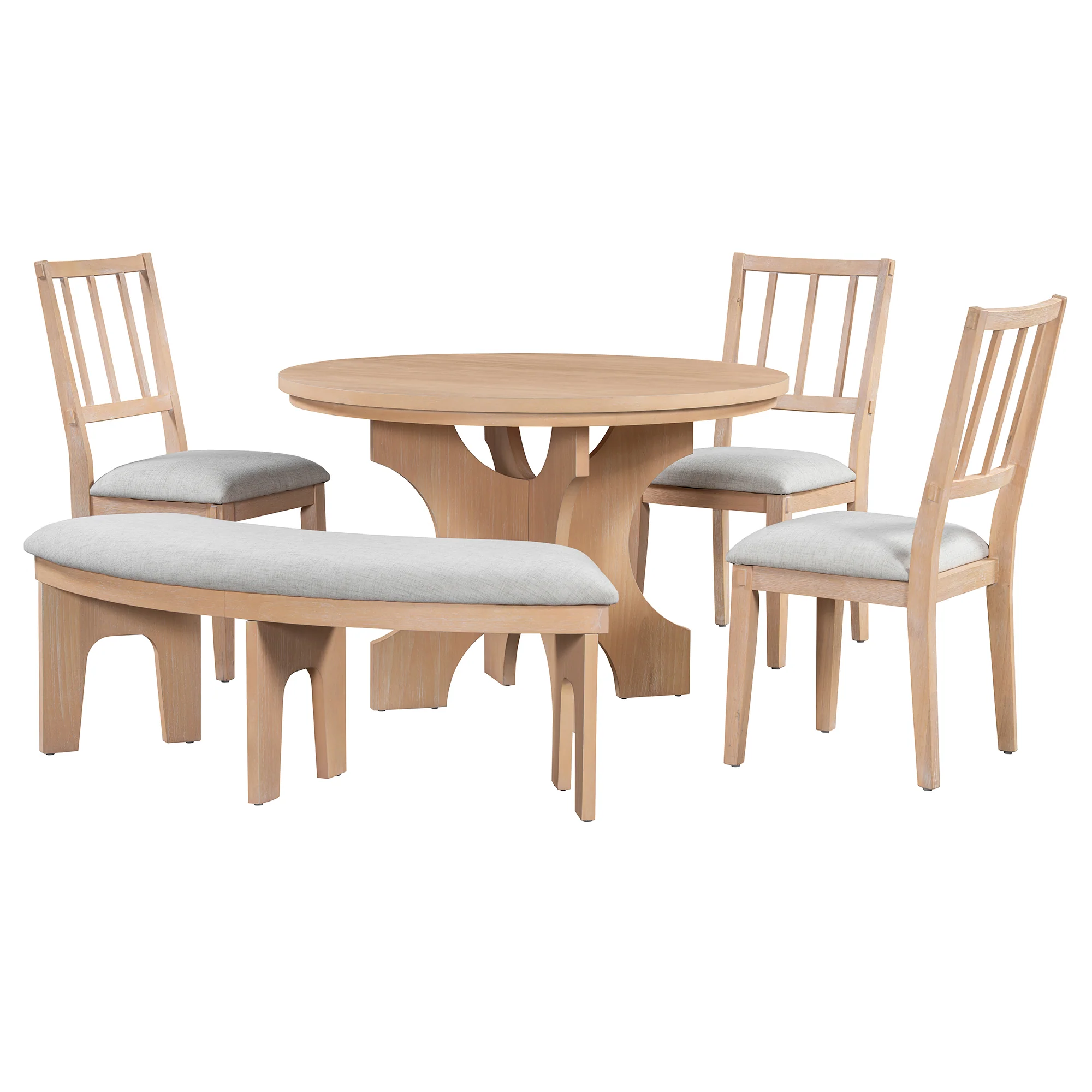 Walker Edison | Charming 5-Piece Rustic Round Dining Set with Chairs and Curved Bench - Image 8