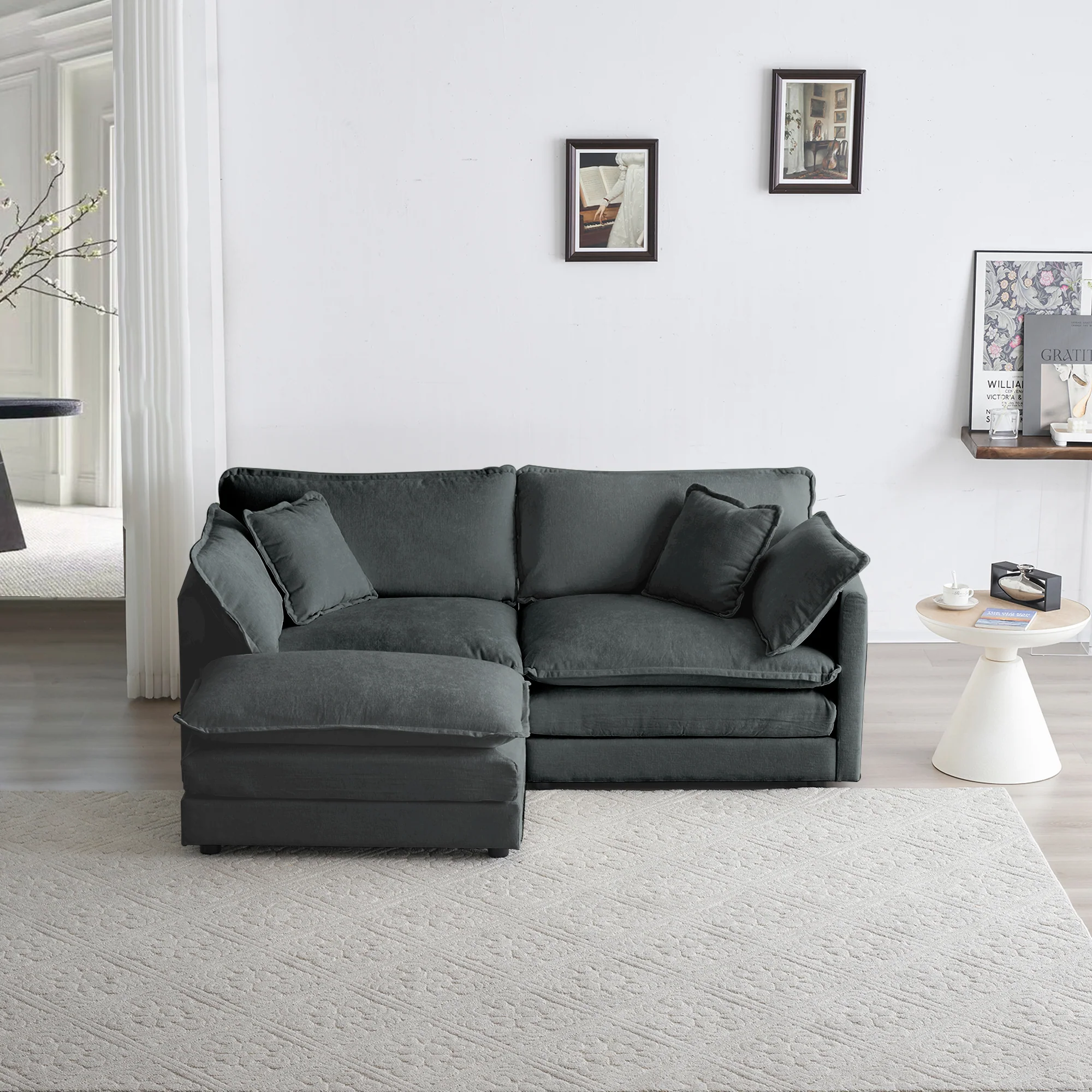 Walker Edison | Chenille Two-Seater Sofa with Ottoman - Image 3