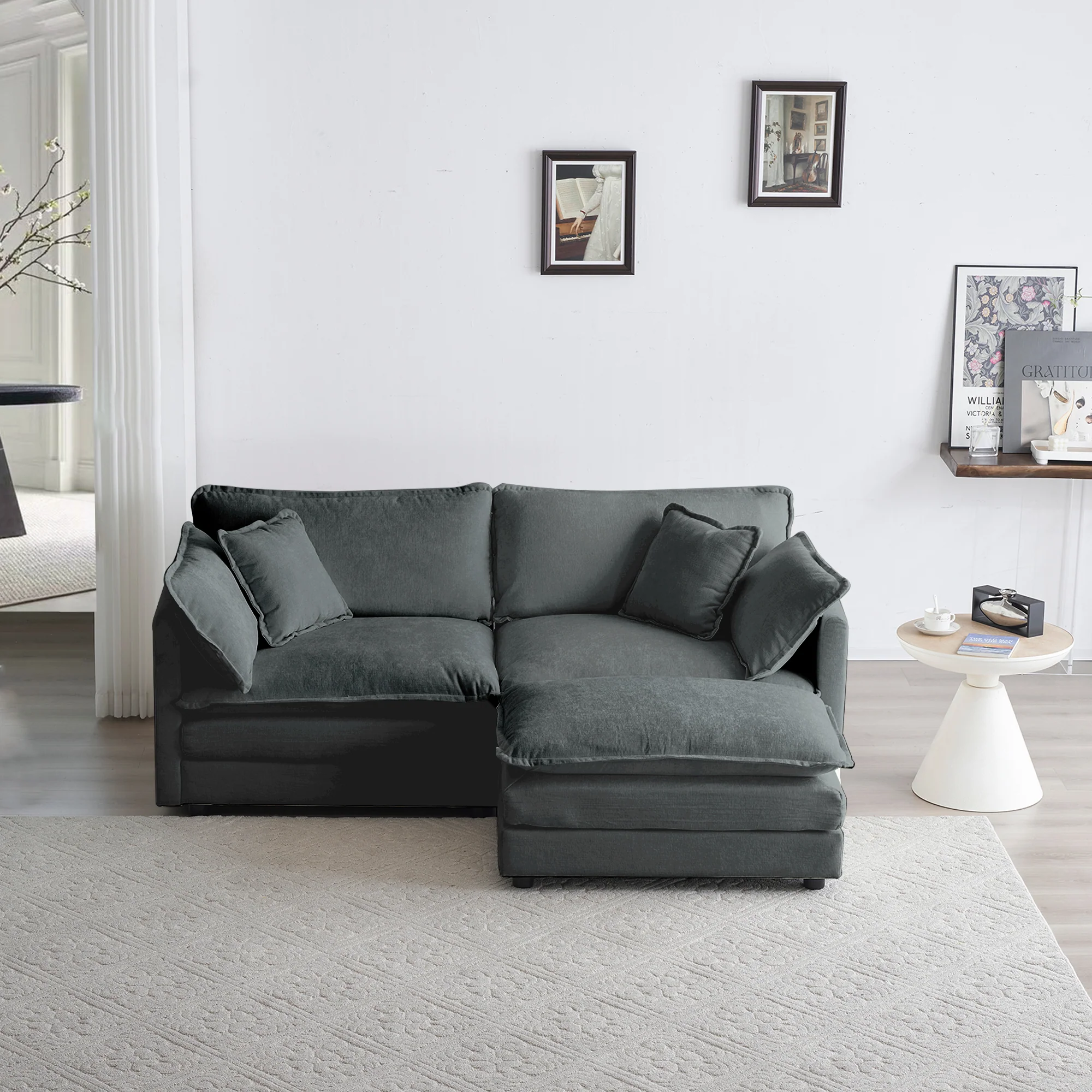 Walker Edison | Chenille Two-Seater Sofa with Ottoman - Image 4
