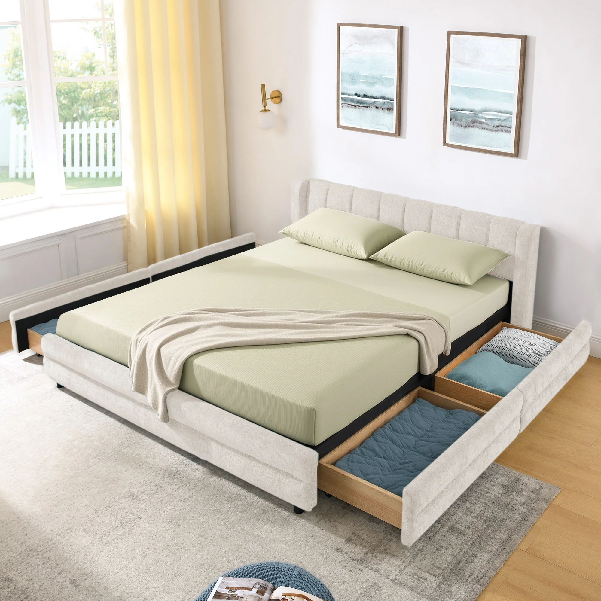 Chenille Upholstered Queen Size Upholstered Bedframe with Drawers