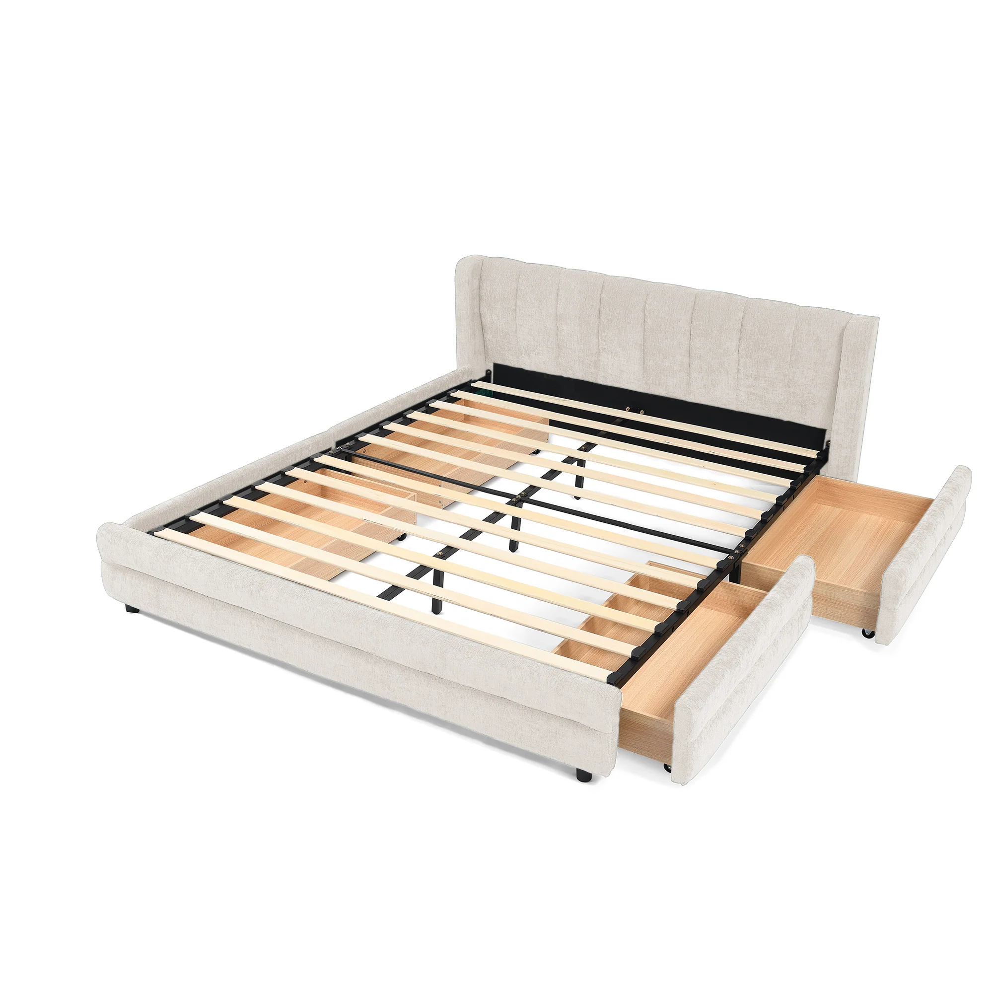 Chenille Upholstered Queen Size Upholstered Bedframe with Drawers - Image 15