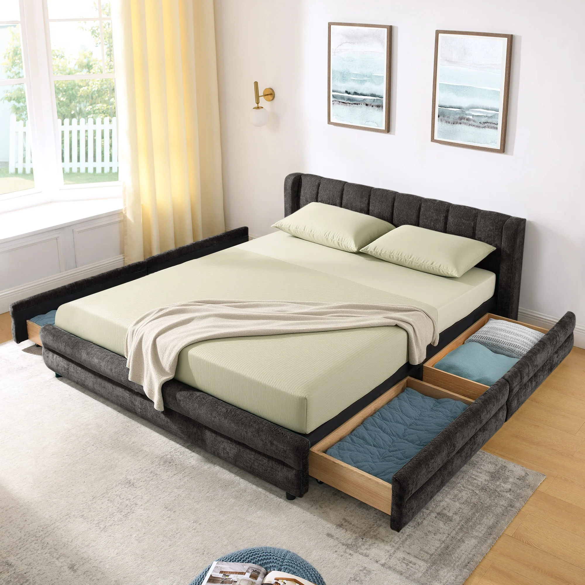Chenille Upholstered Queen Size Upholstered Bedframe with Drawers - Image 2