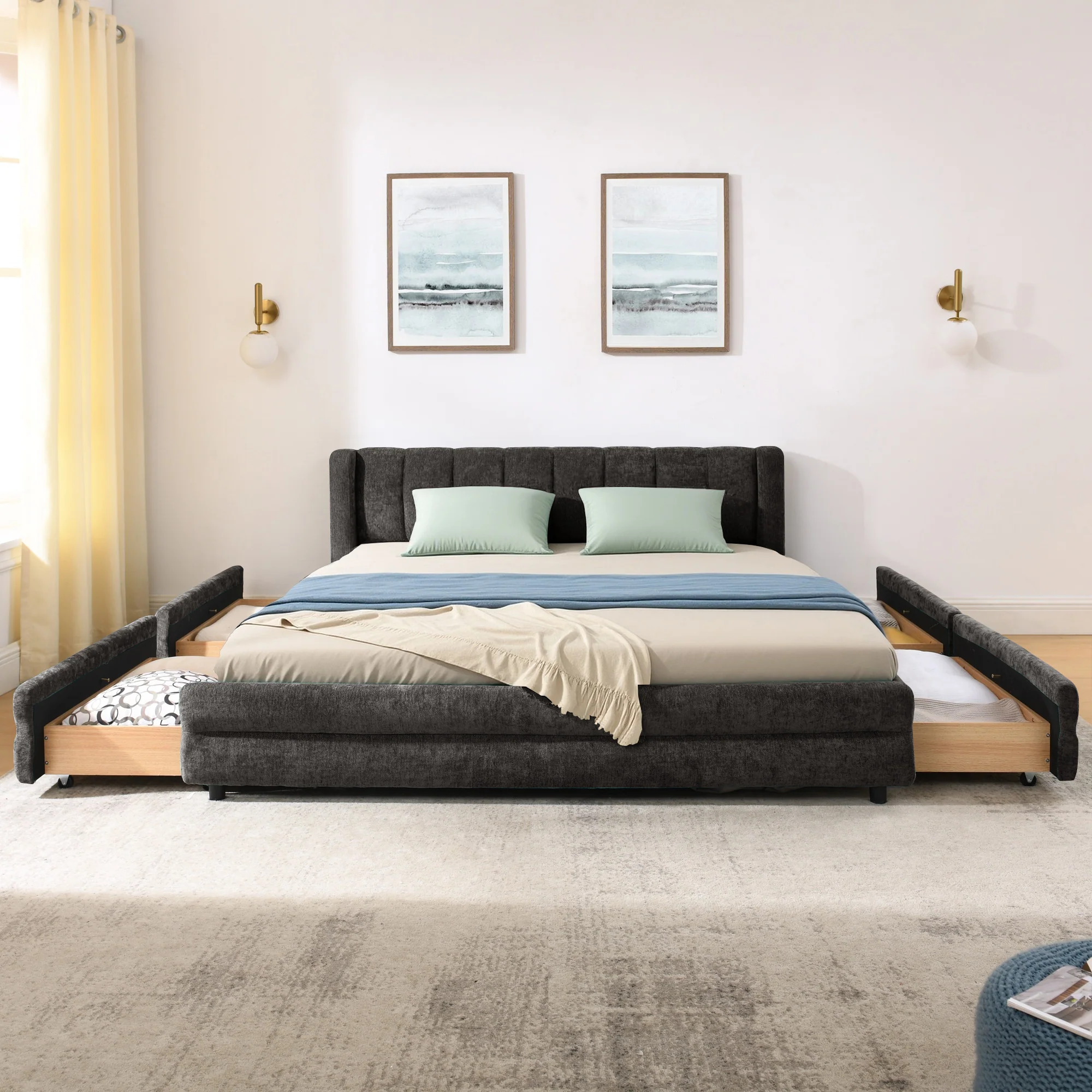 Chenille Upholstered Queen Size Upholstered Bedframe with Drawers - Image 20