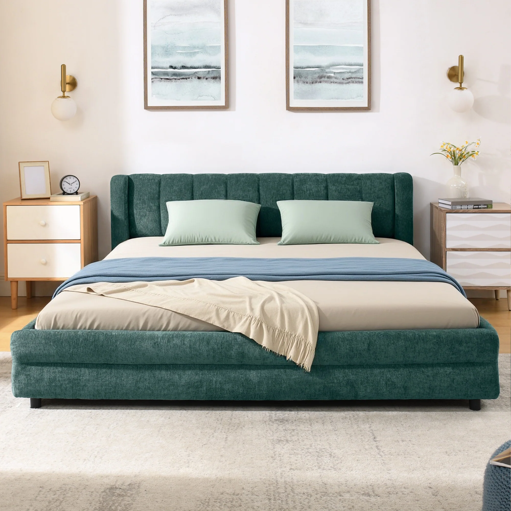 Chenille Upholstered Queen Size Upholstered Bedframe with Drawers - Image 27