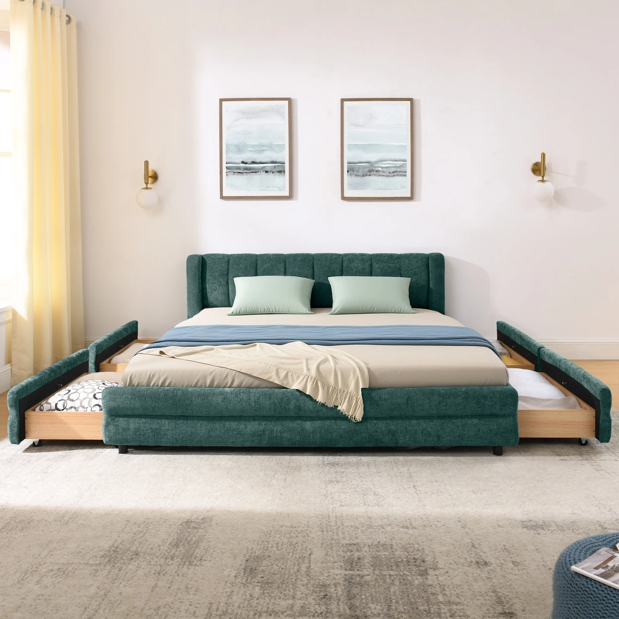 Chenille Upholstered Queen Size Upholstered Bedframe with Drawers - Image 28