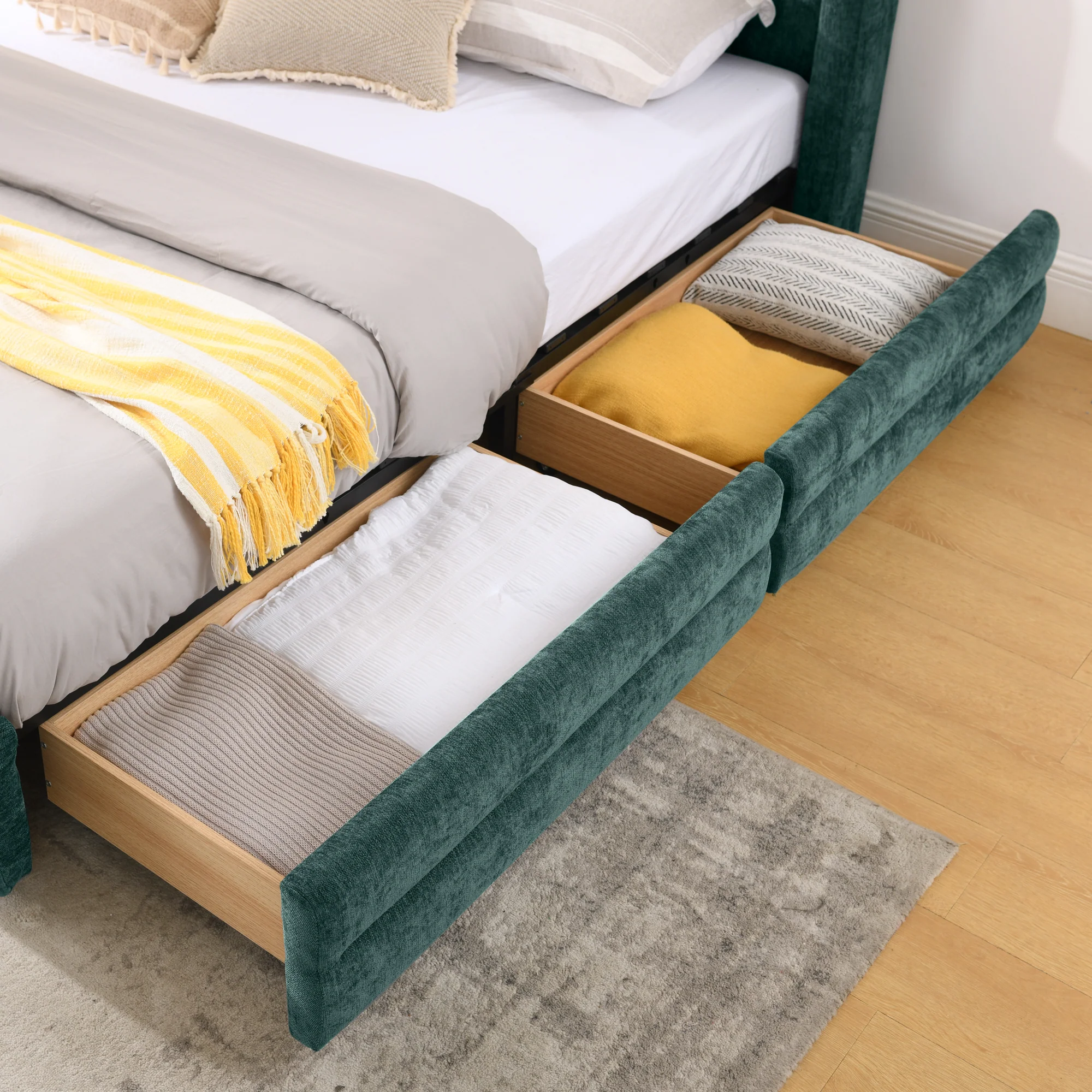 Chenille Upholstered Queen Size Upholstered Bedframe with Drawers - Image 29