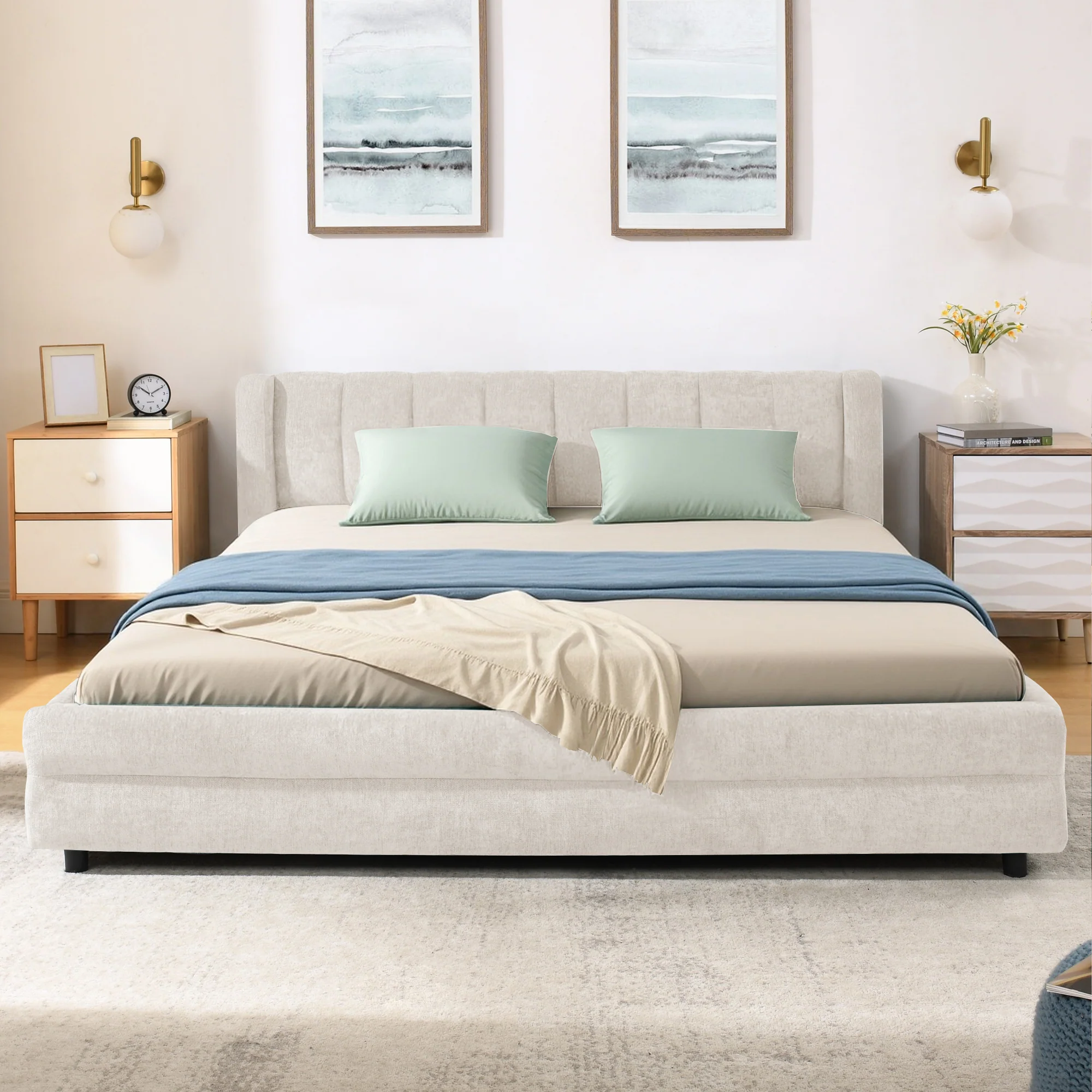 Chenille Upholstered Queen Size Upholstered Bedframe with Drawers - Image 3
