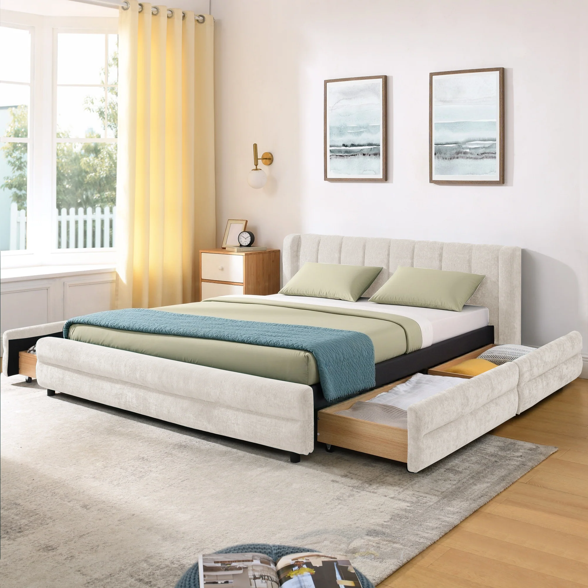 Chenille Upholstered Queen Size Upholstered Bedframe with Drawers - Image 4