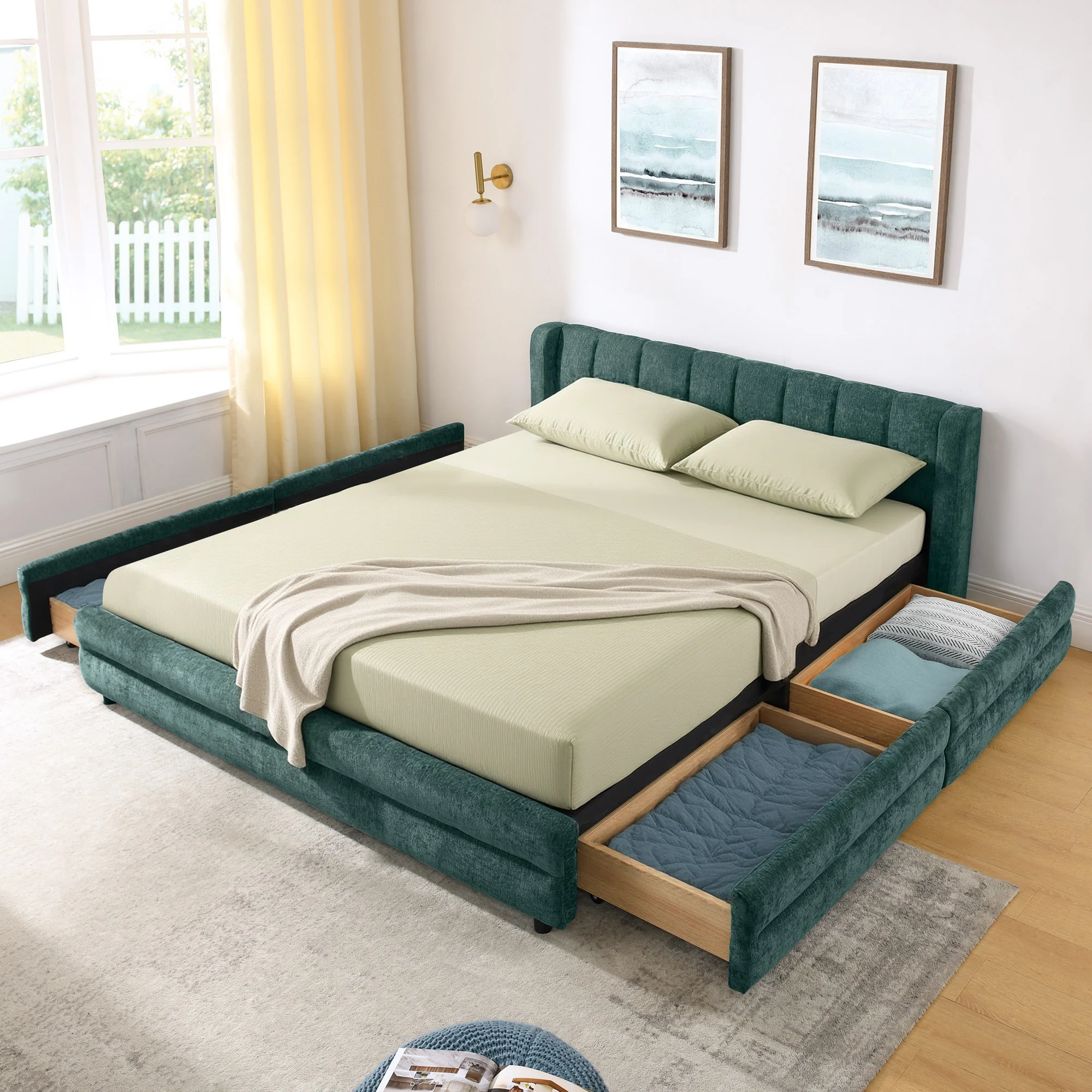 Chenille Upholstered Queen Size Upholstered Bedframe with Drawers - Image 5