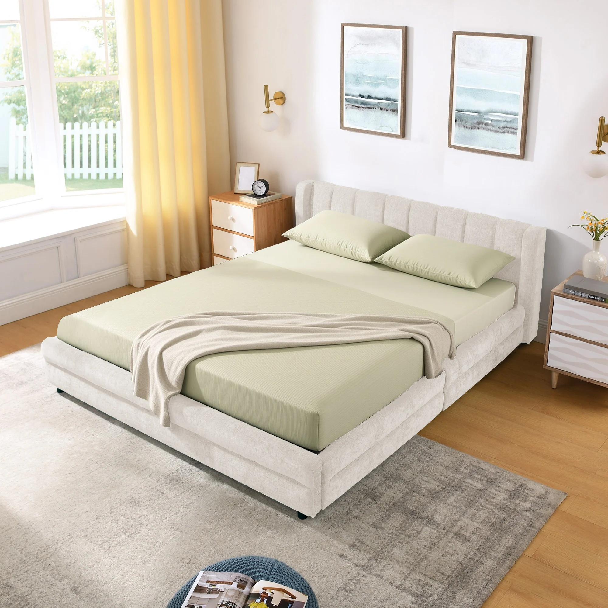 Chenille Upholstered Queen Size Upholstered Bedframe with Drawers - Image 7