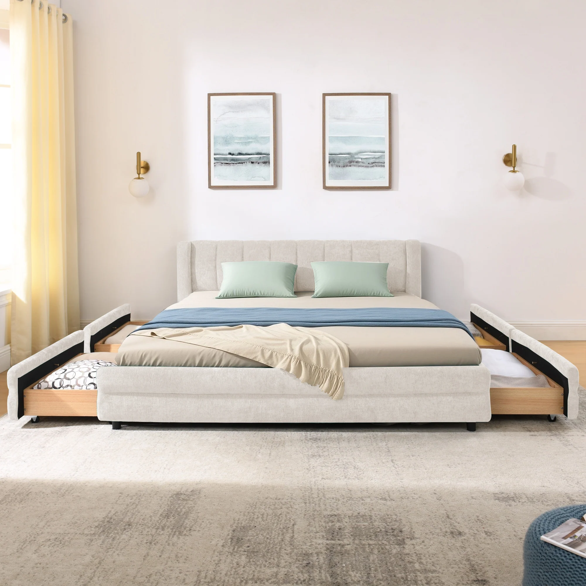 Chenille Upholstered Queen Size Upholstered Bedframe with Drawers - Image 8