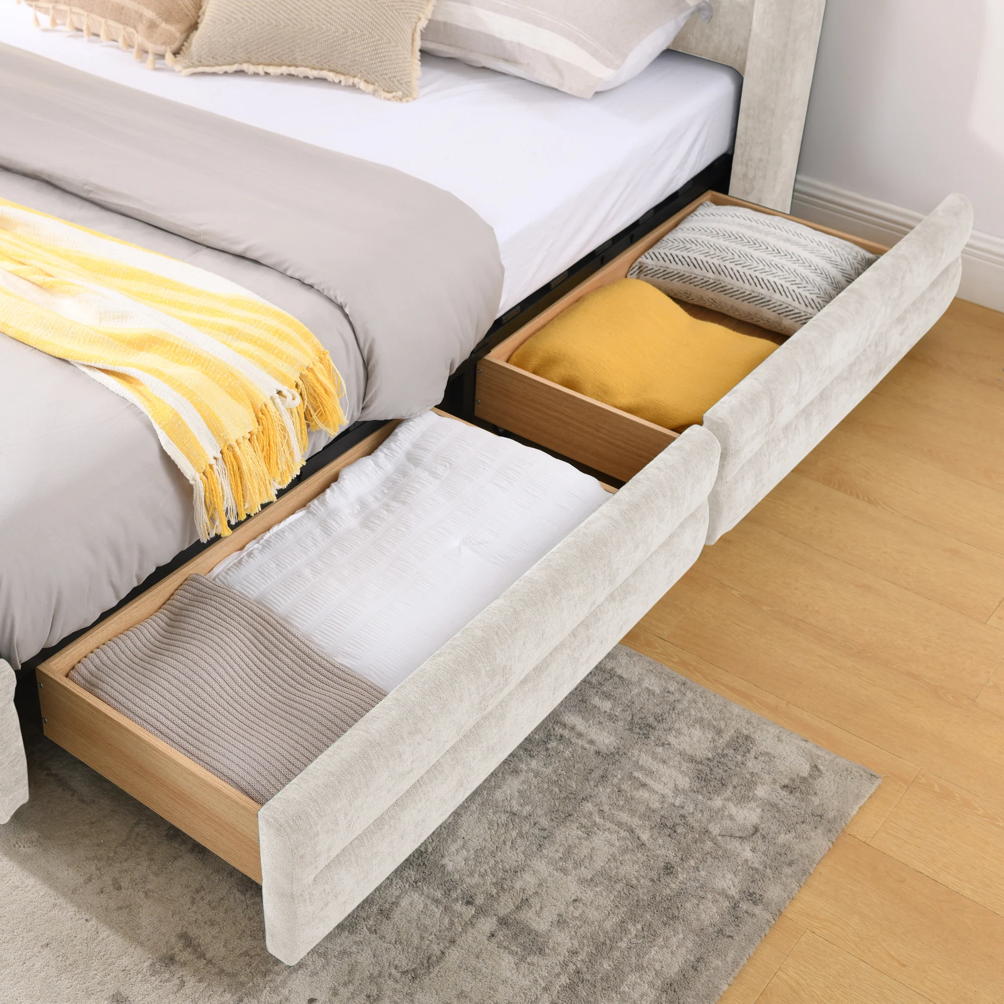 Chenille Upholstered Queen Size Upholstered Bedframe with Drawers - Image 9