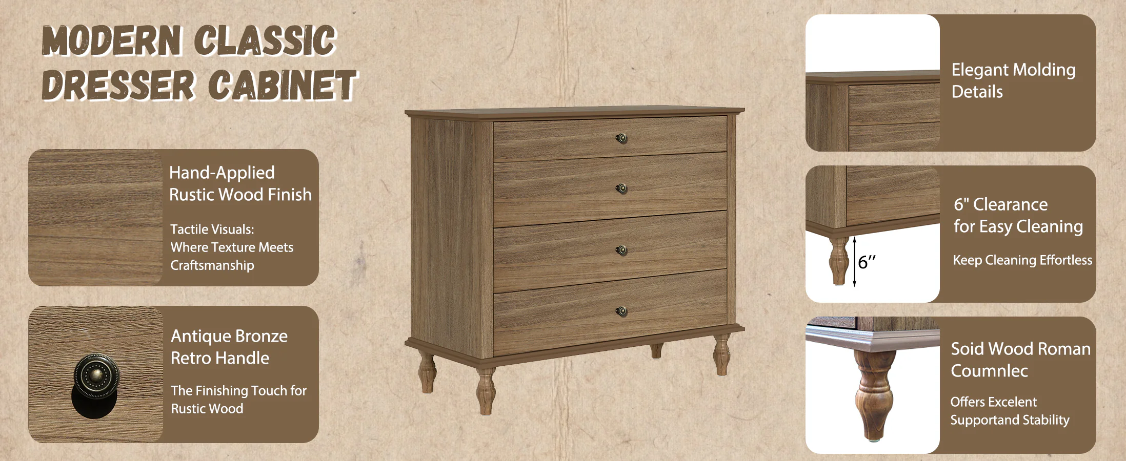 Classic Modern Wide 4-Drawer Chest Dresser - Image 6