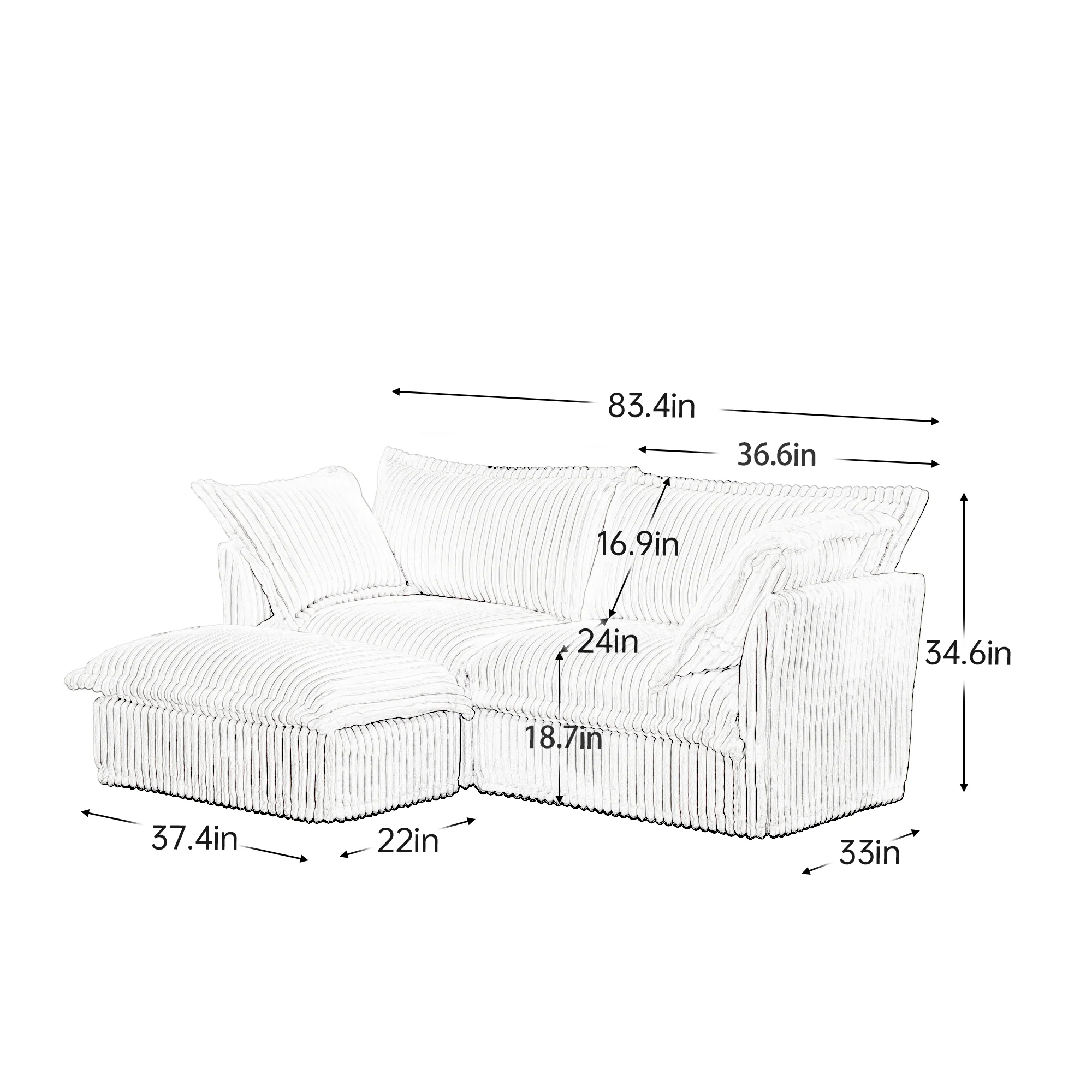 Walker Edison | Cloud Cream Corduroy Slipcovered Sectional Sofa with Ottoman - Image 3