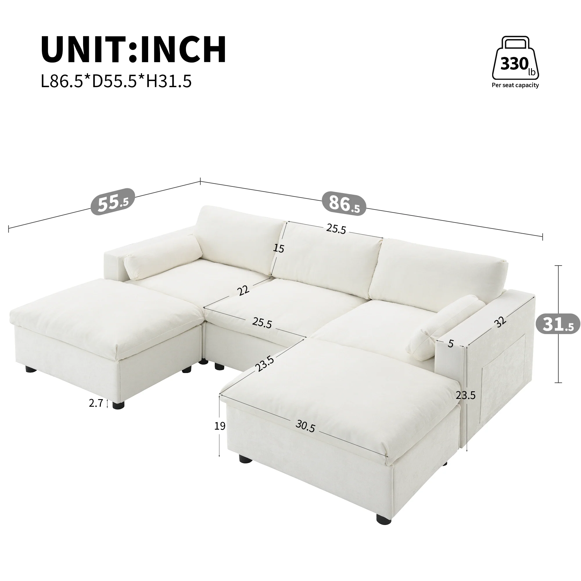 Cloud Modular Sectional Sofa with Storage Pockets and 2 Movable Ottomans - Image 2