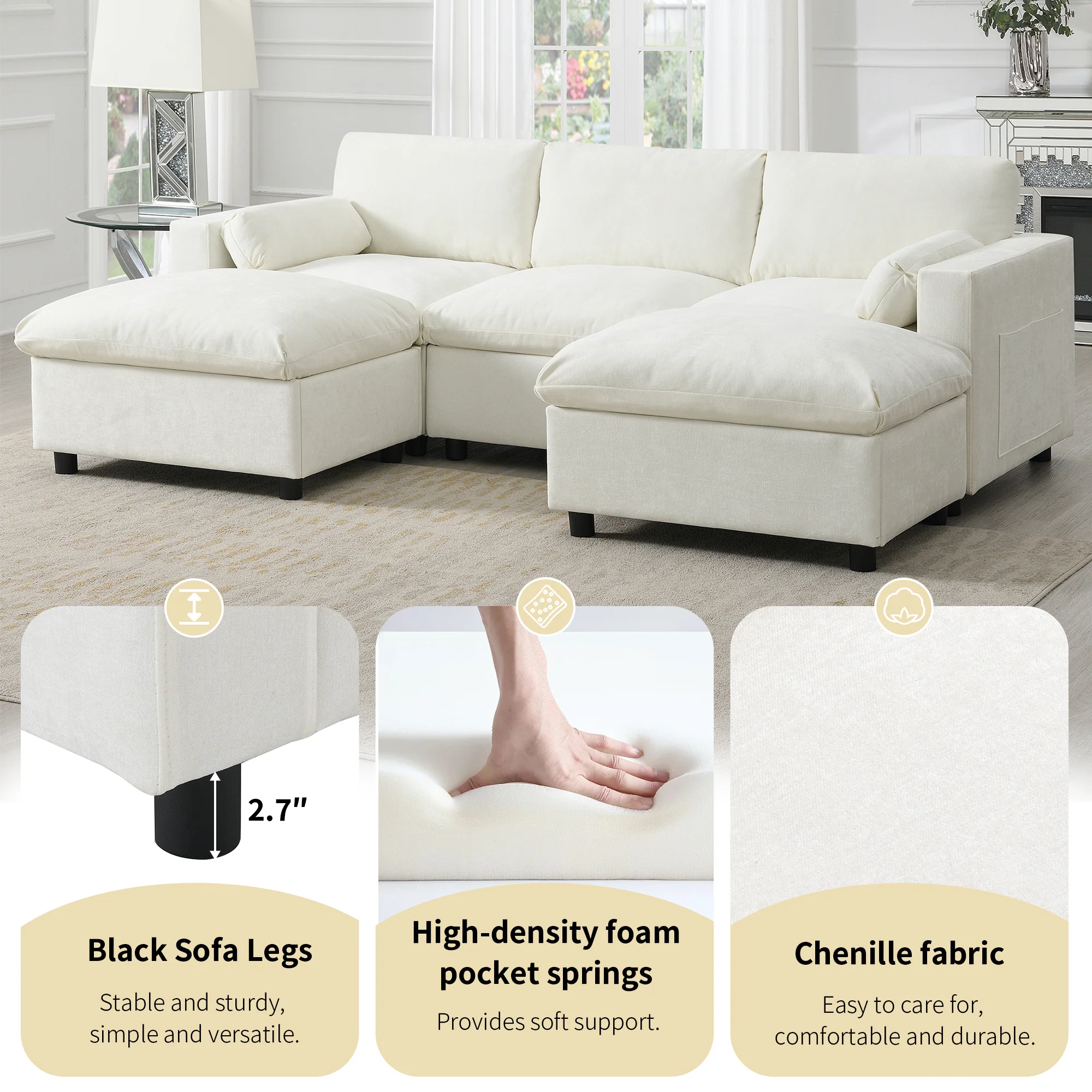 Cloud Modular Sectional Sofa with Storage Pockets and 2 Movable Ottomans - Image 4