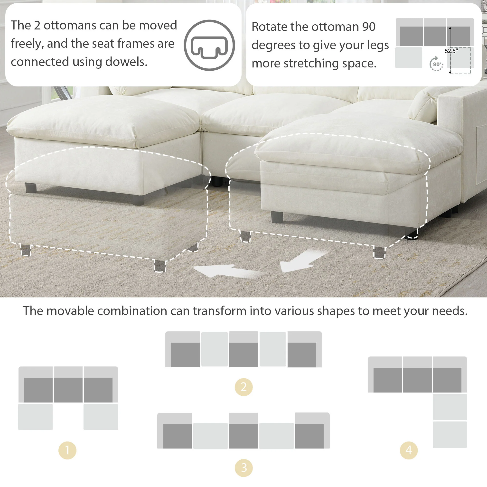 Cloud Modular Sectional Sofa with Storage Pockets and 2 Movable Ottomans - Image 6