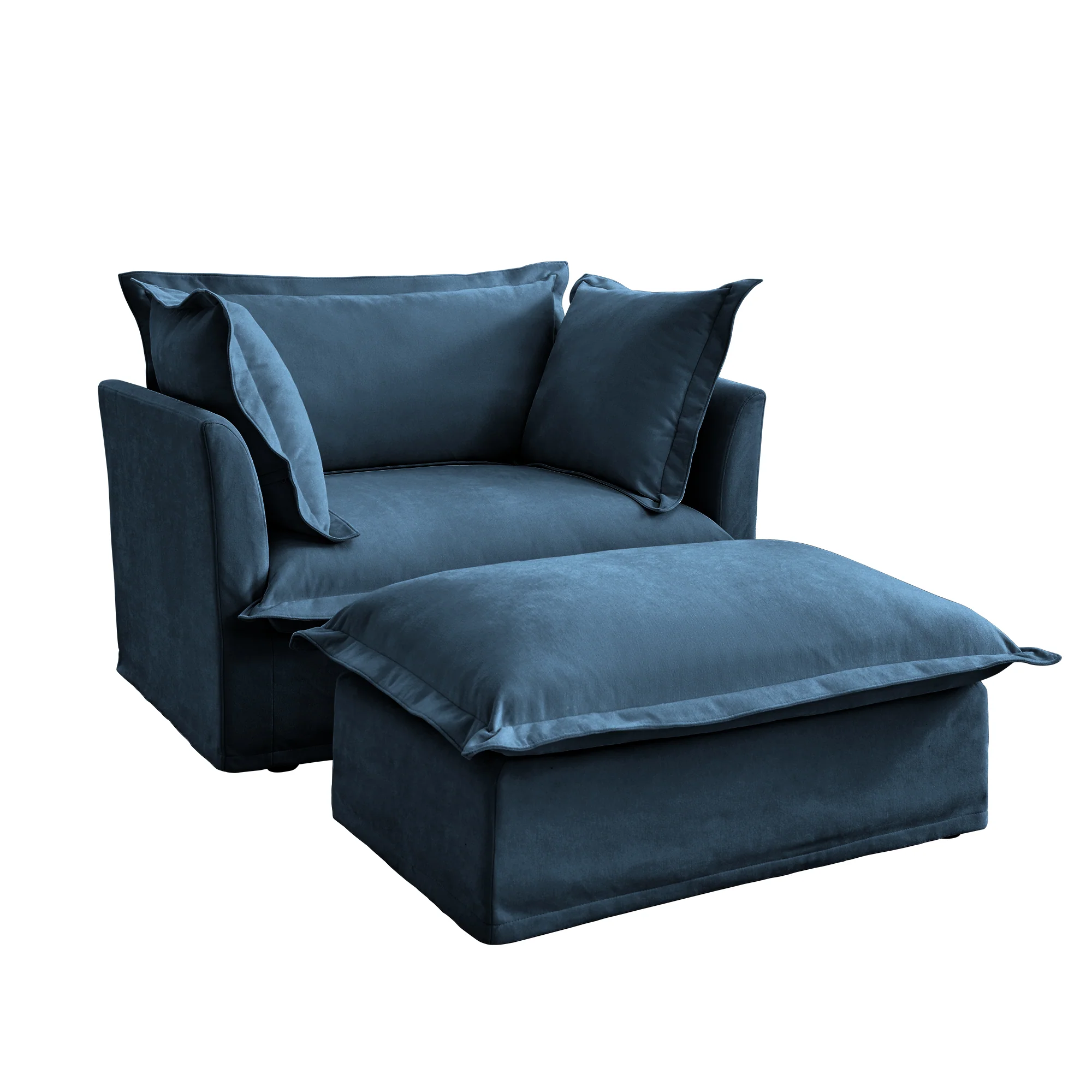 Walker Edison | Cloud Slipcovered Blue Armchair with Ottoman - Image 10