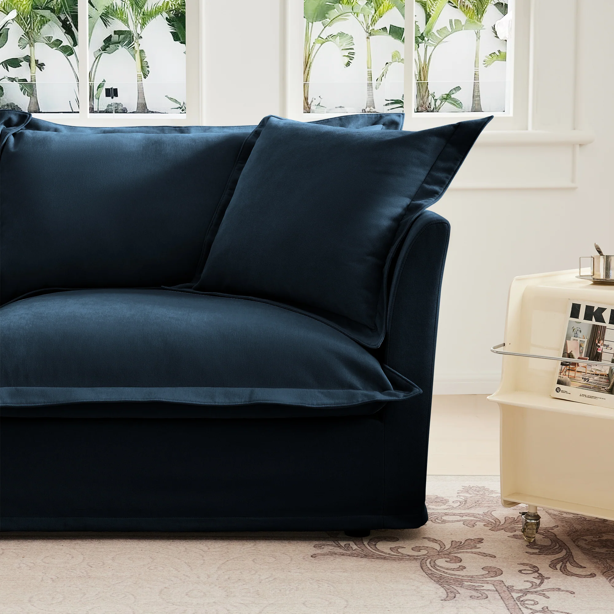 Walker Edison | Cloud Slipcovered Blue Armchair with Ottoman - Image 13
