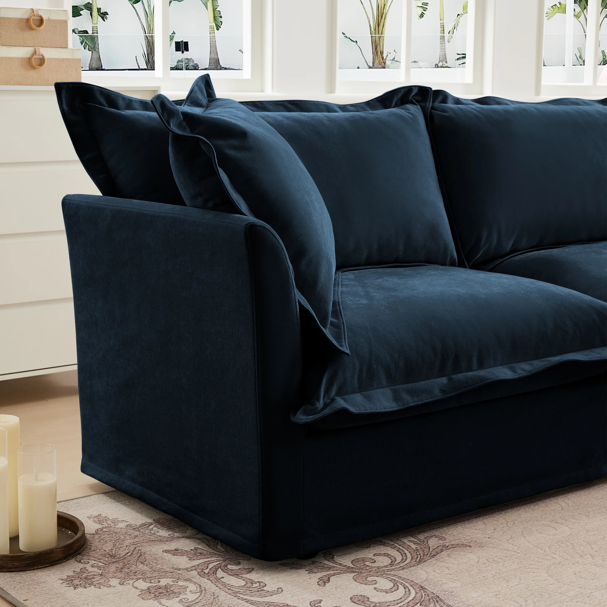 Walker Edison | Cloud Slipcovered Blue Armchair with Ottoman - Image 14