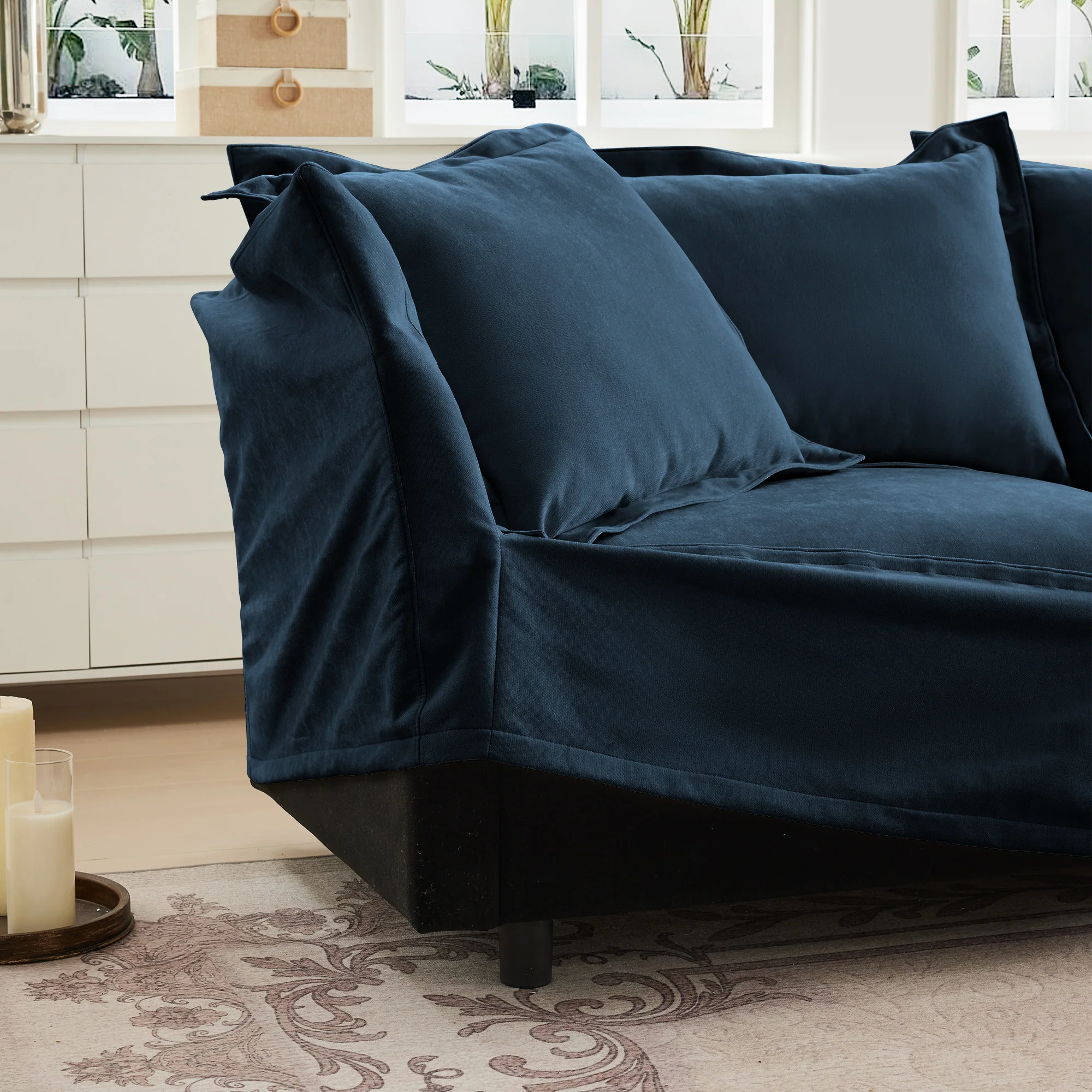 Walker Edison | Cloud Slipcovered Blue Armchair with Ottoman - Image 15