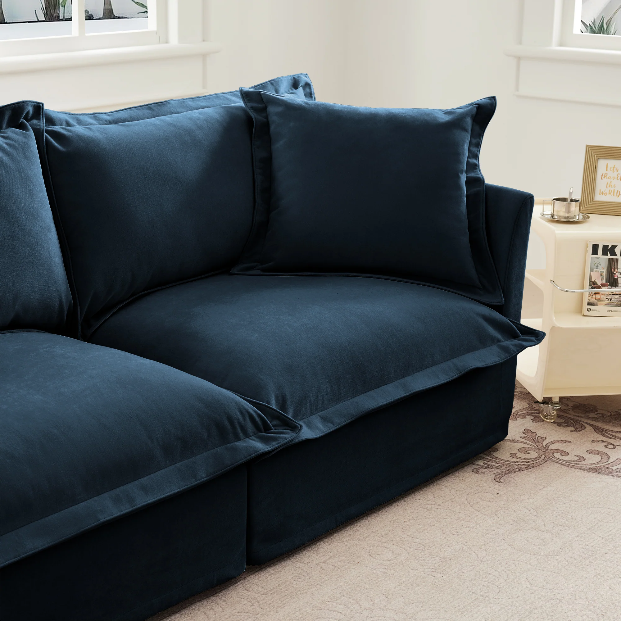 Walker Edison | Cloud Slipcovered Blue Armchair with Ottoman - Image 16