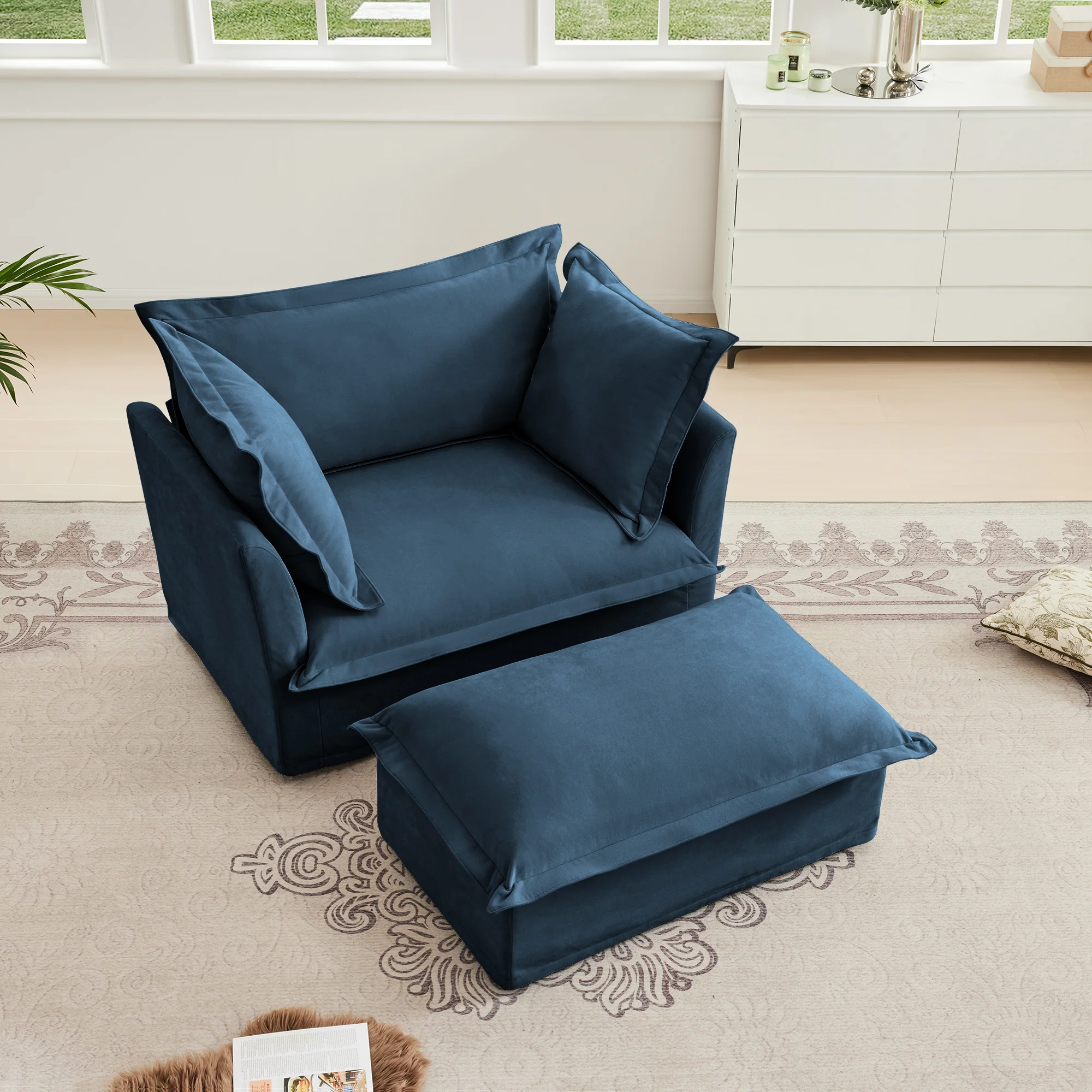 Walker Edison | Cloud Slipcovered Blue Armchair with Ottoman - Image 3