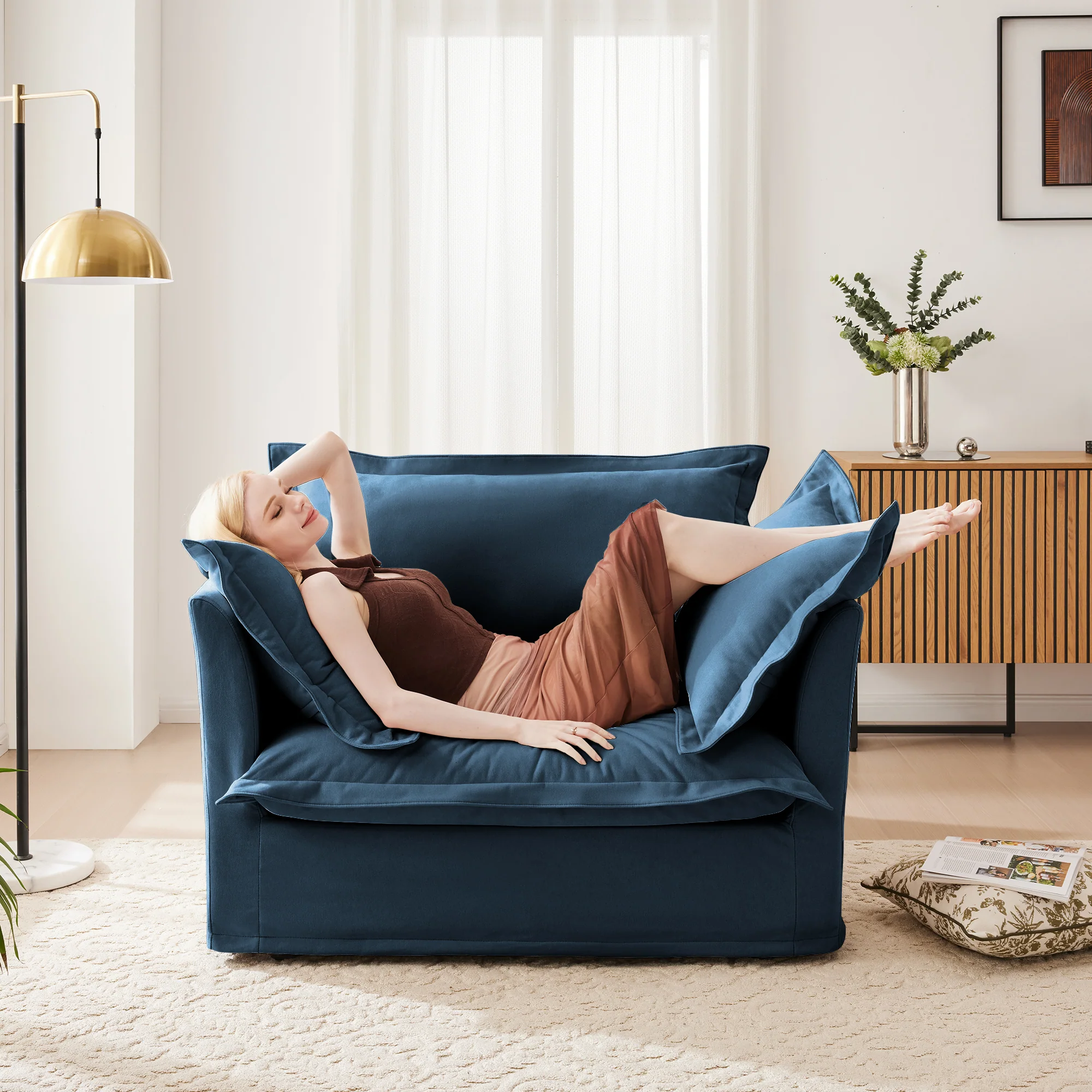 Walker Edison | Cloud Slipcovered Blue Armchair with Ottoman - Image 4