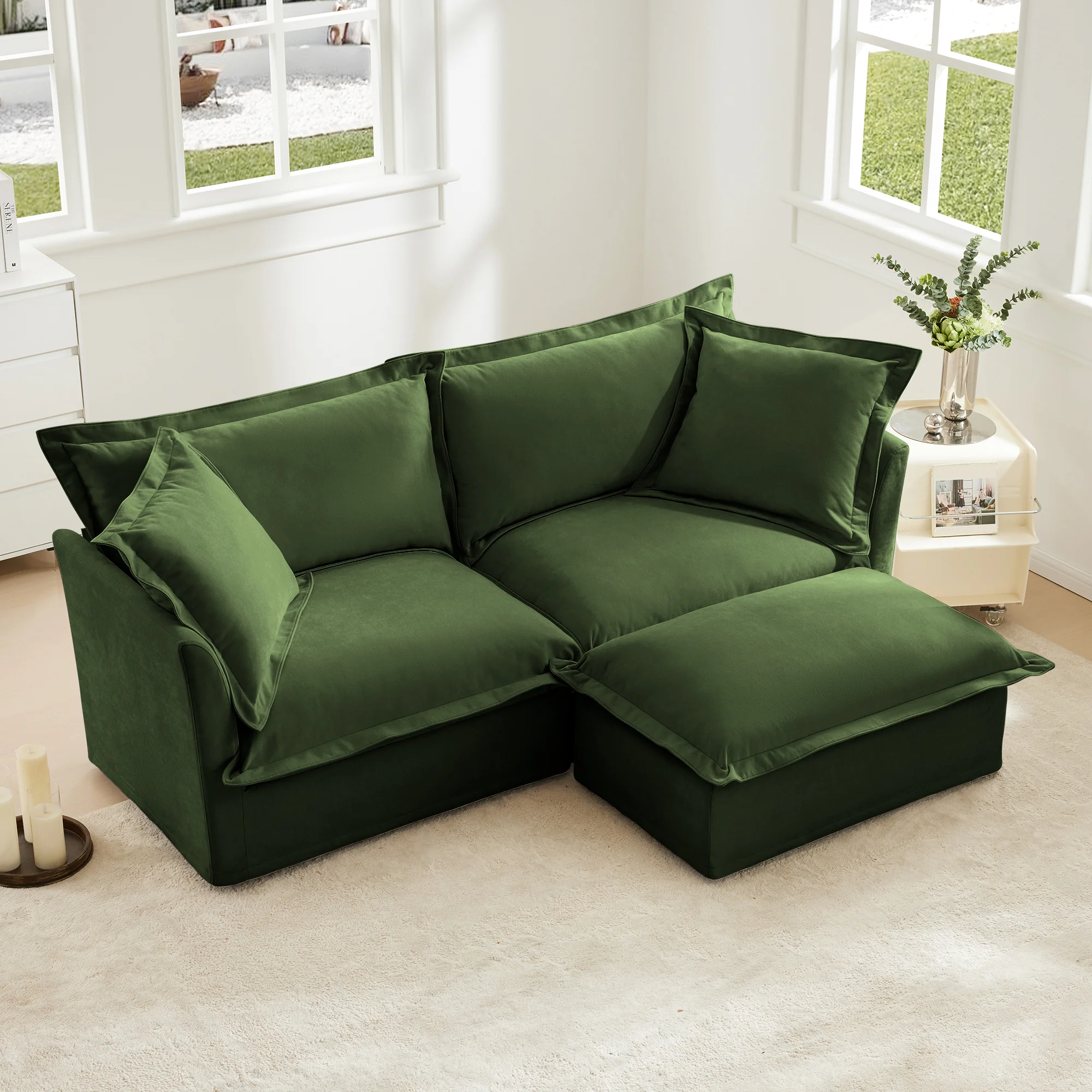 Walker Edison | Cloud Slipcovered Loveseat Sectional with Ottoman - Image 2