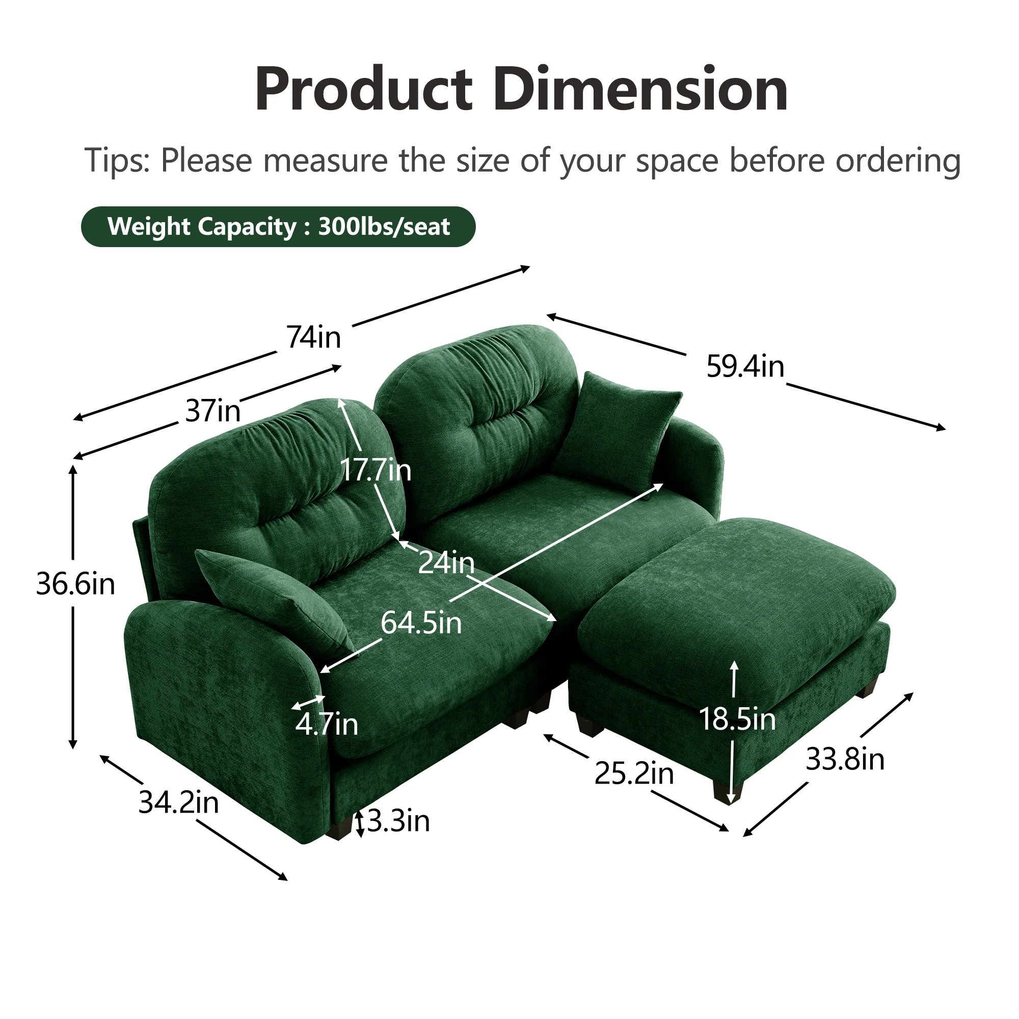 Cloud Tufted  Chenille Sectional Loveseat Sofa Couch With Ottoman - Image 3